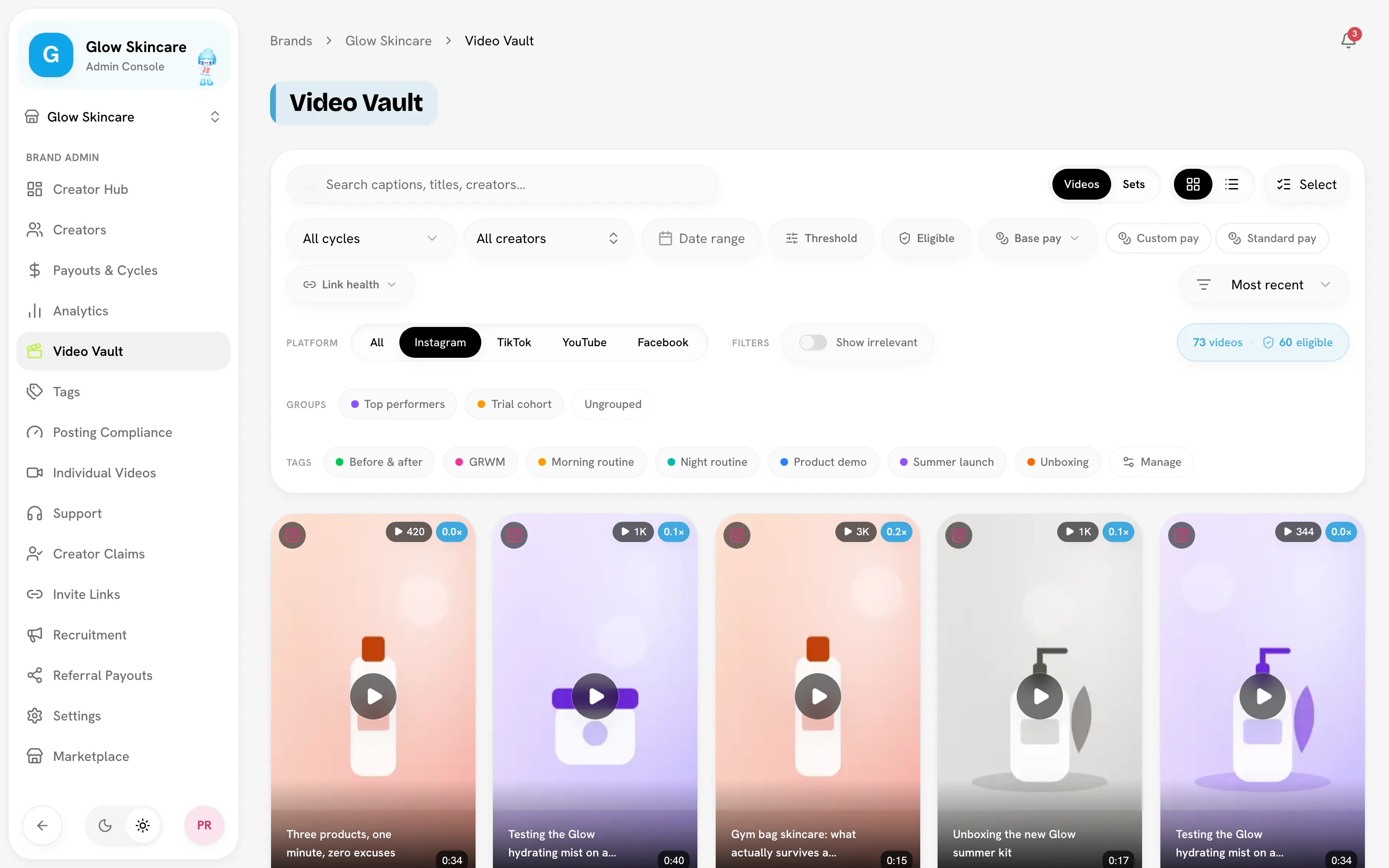 Video Vault grid view with the toolbar, filters row and tag chips