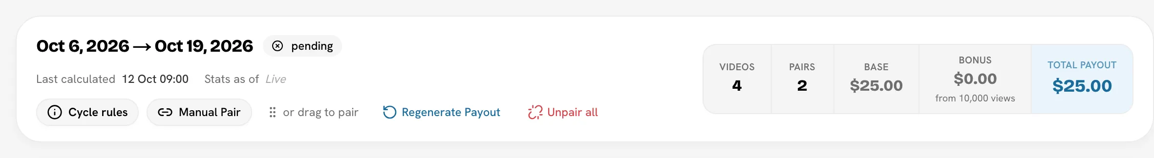 A cycle group on the Videos tab with the Manual Pair, Regenerate Payout and Unpair all buttons