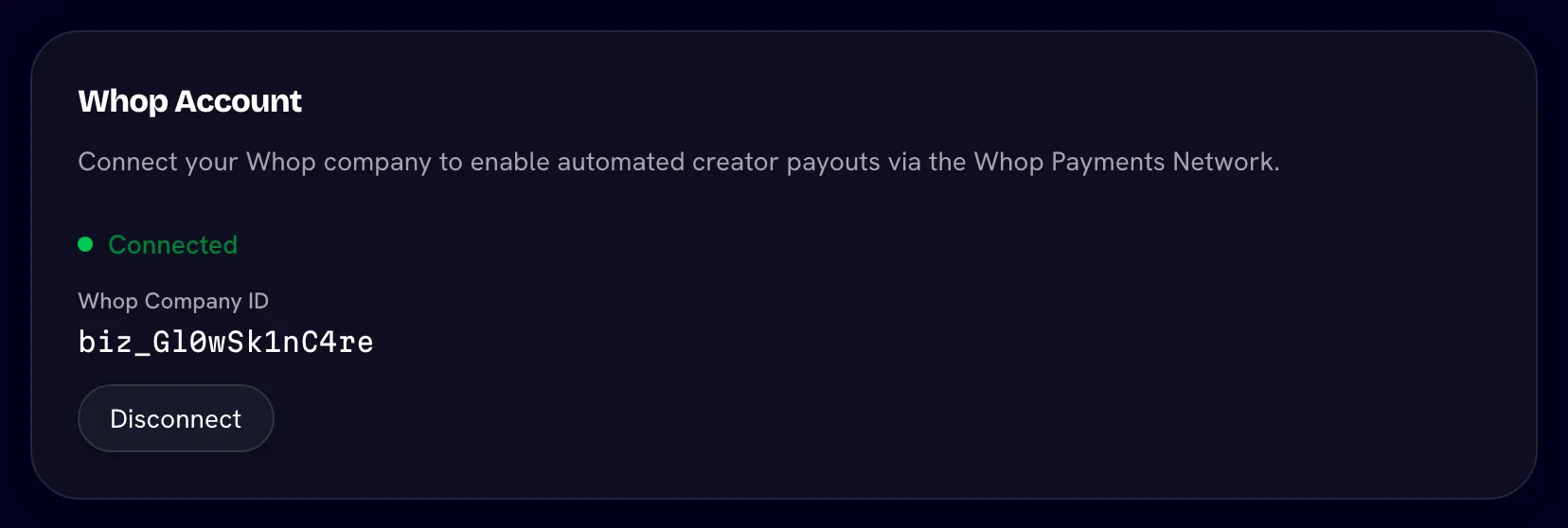 Whop Account card in the connected state