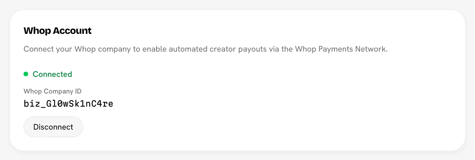 Whop Account card in the connected state