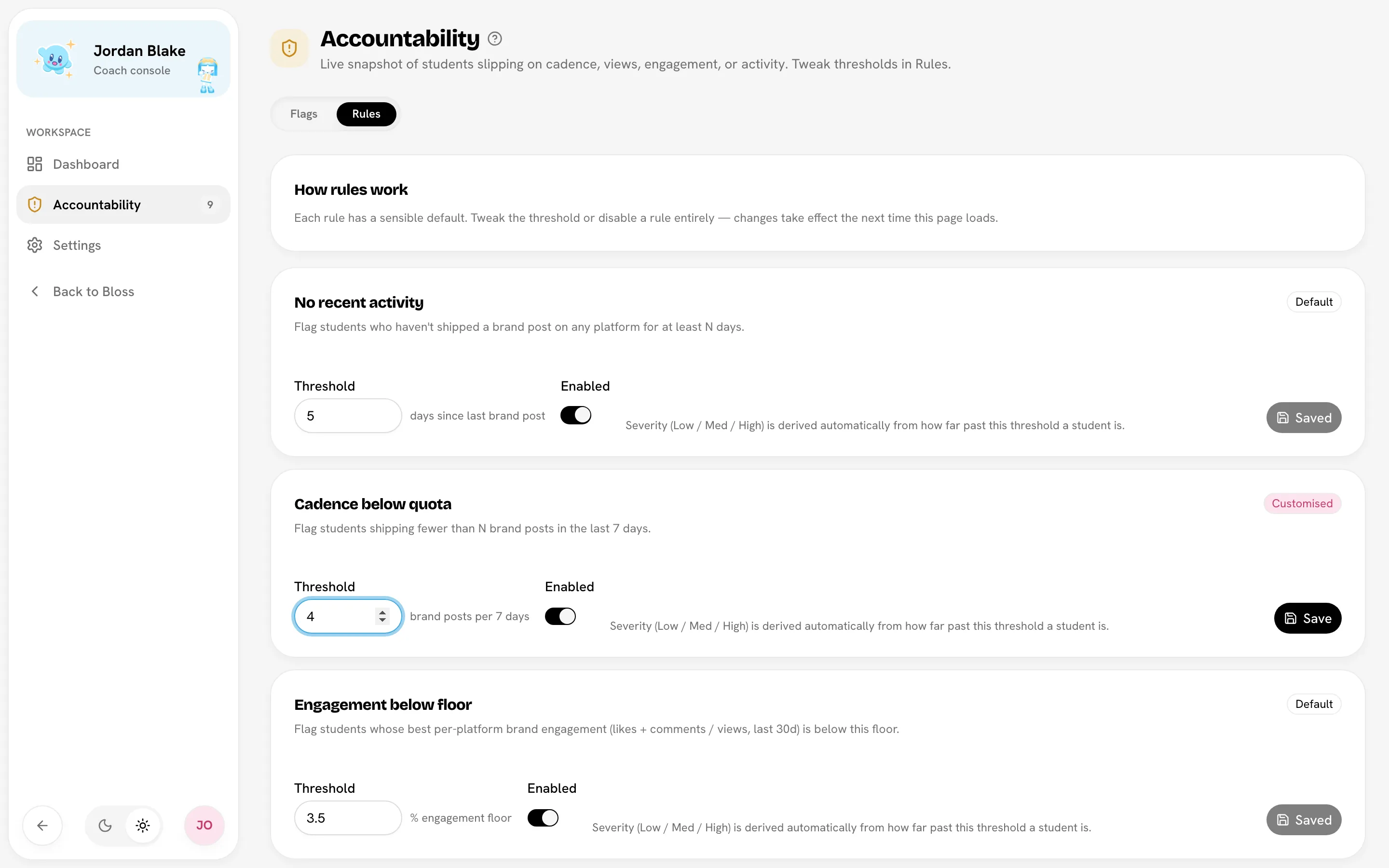 Rules tab with one rule marked Customised and its threshold being edited