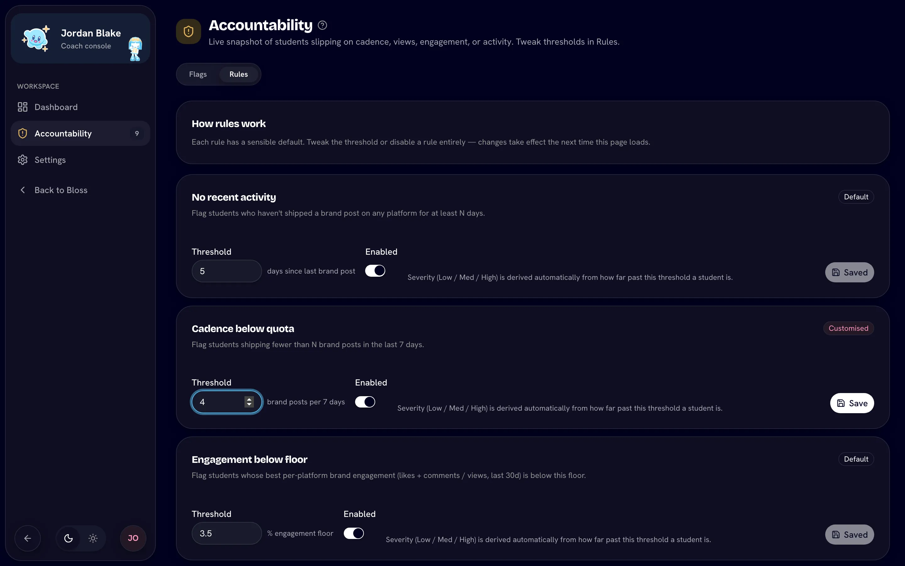 Rules tab with one rule marked Customised and its threshold being edited