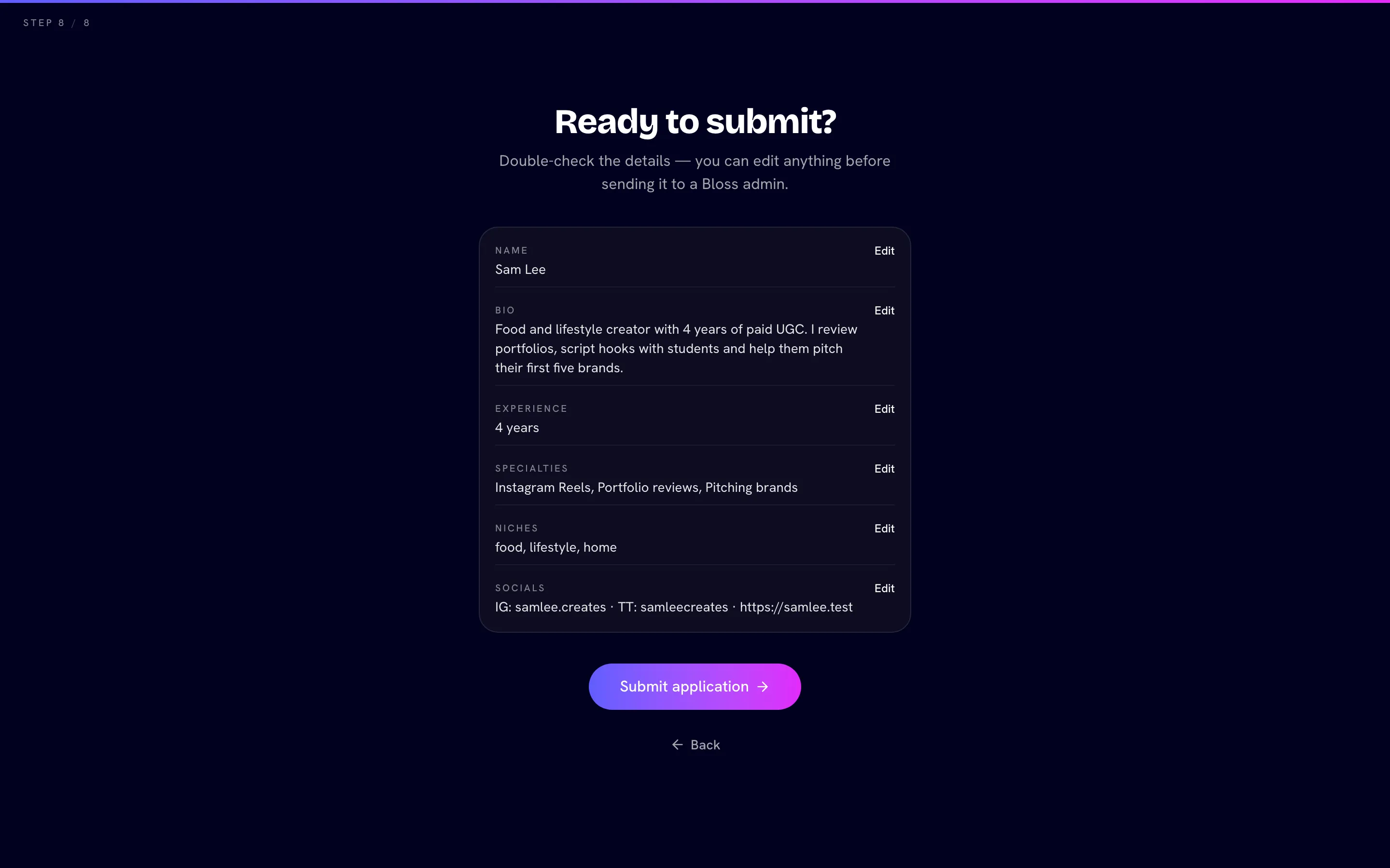 The "Ready to submit?" step with every row filled in