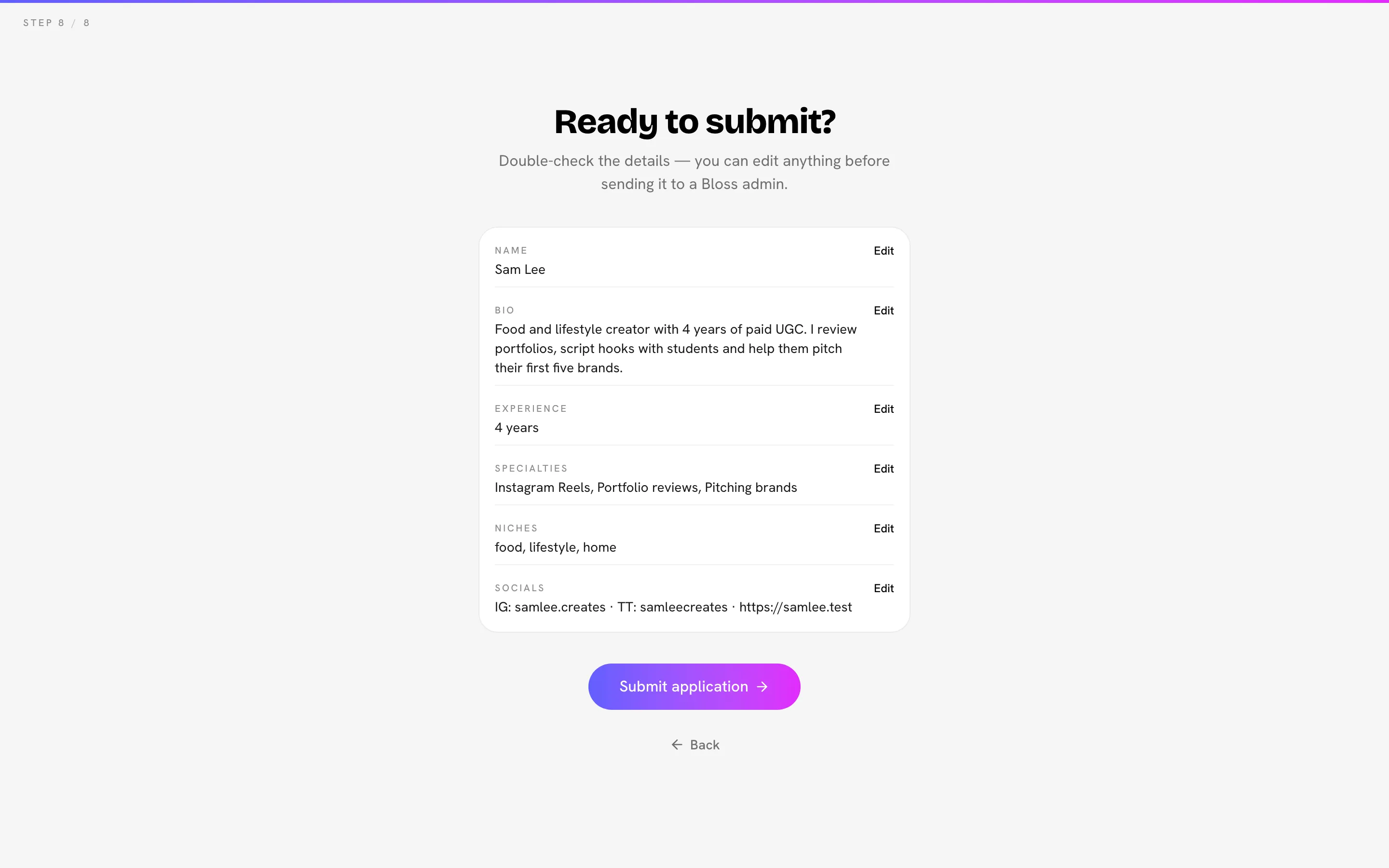 The "Ready to submit?" step with every row filled in