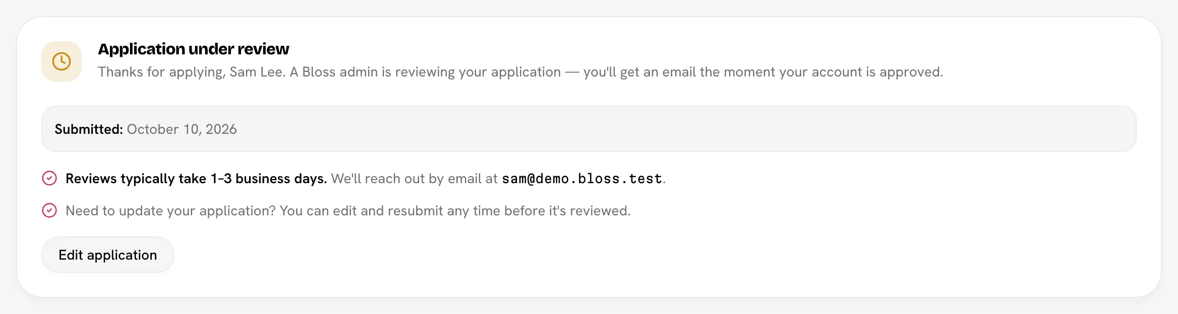 The "Application under review" card with the submitted date