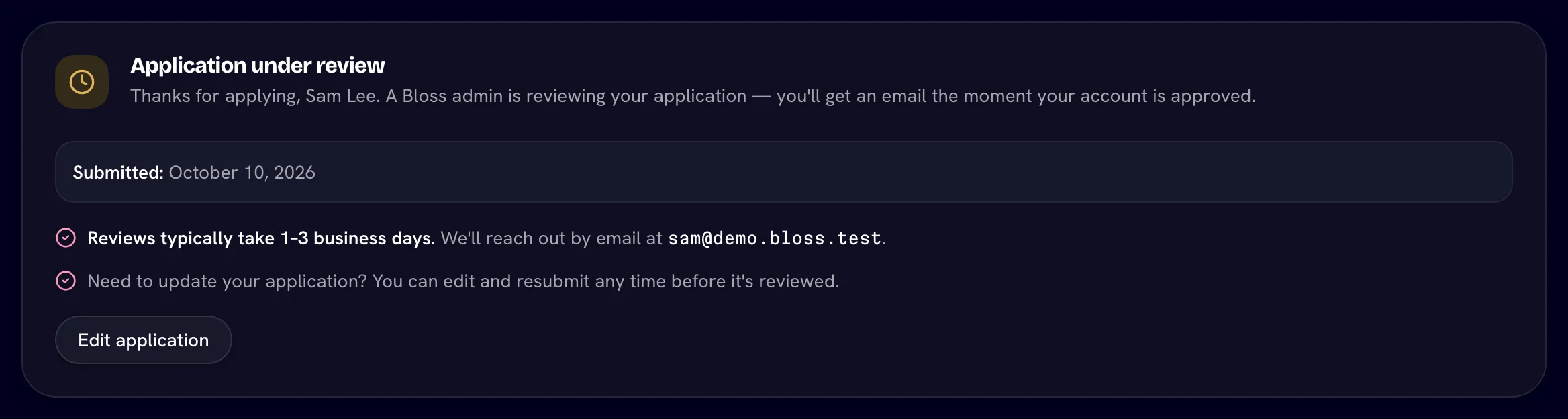 The "Application under review" card with the submitted date
