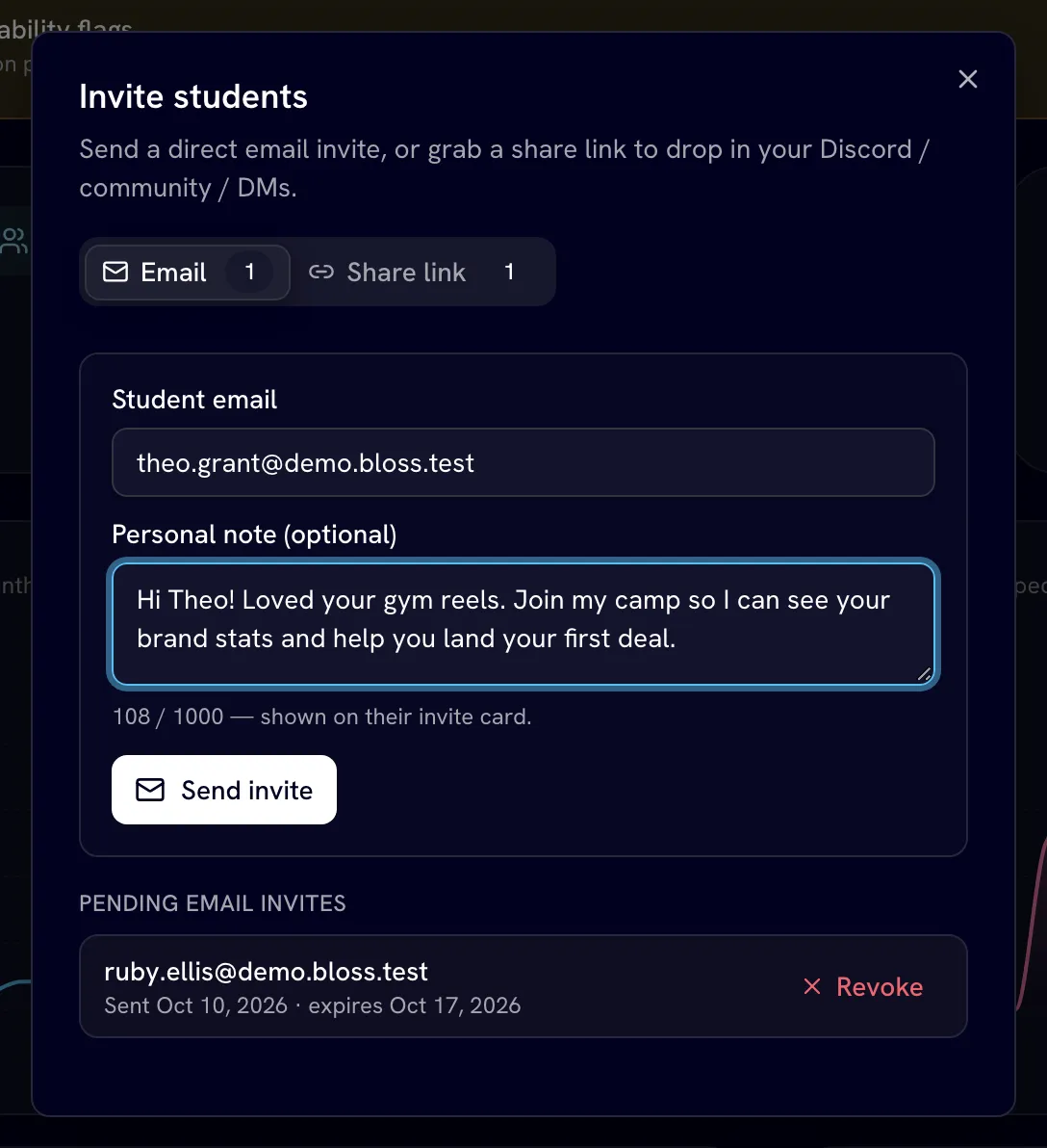Invite students dialog, Email tab, with an email and a note filled in and one pending invite below