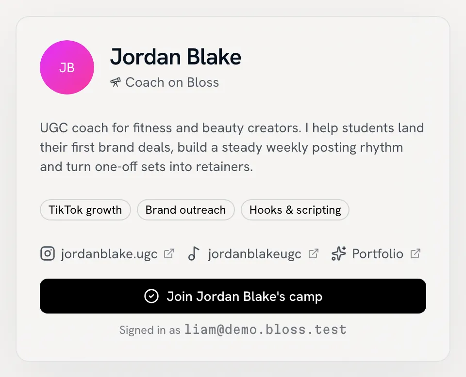 Public coach page for a signed-in visitor with the Join camp button