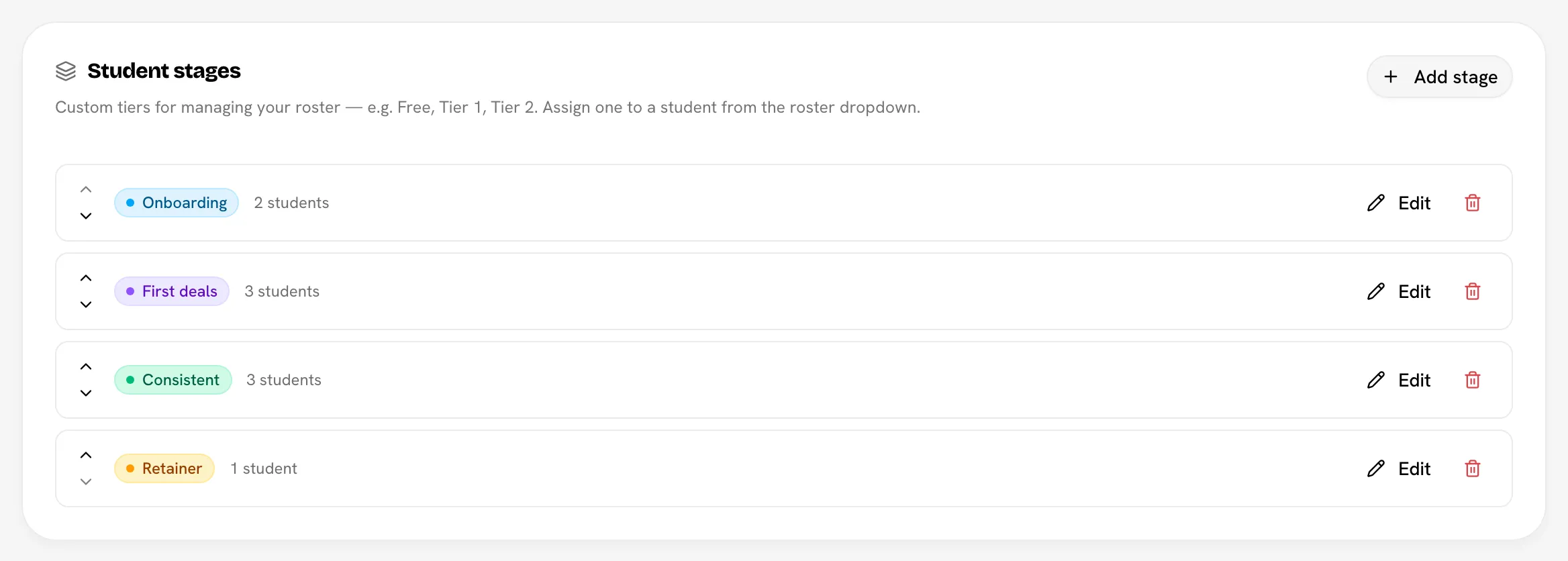 Student stages card with four stages, their student counts and the move arrows