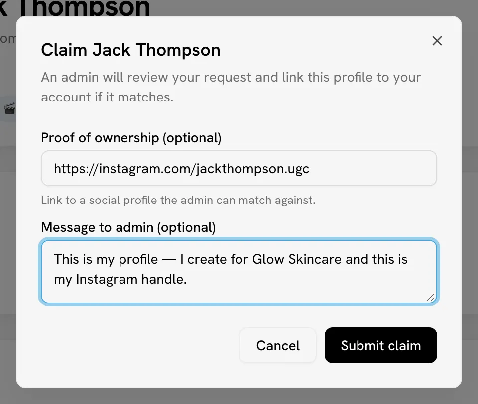 "Claim <name>" dialog with proof and message fields