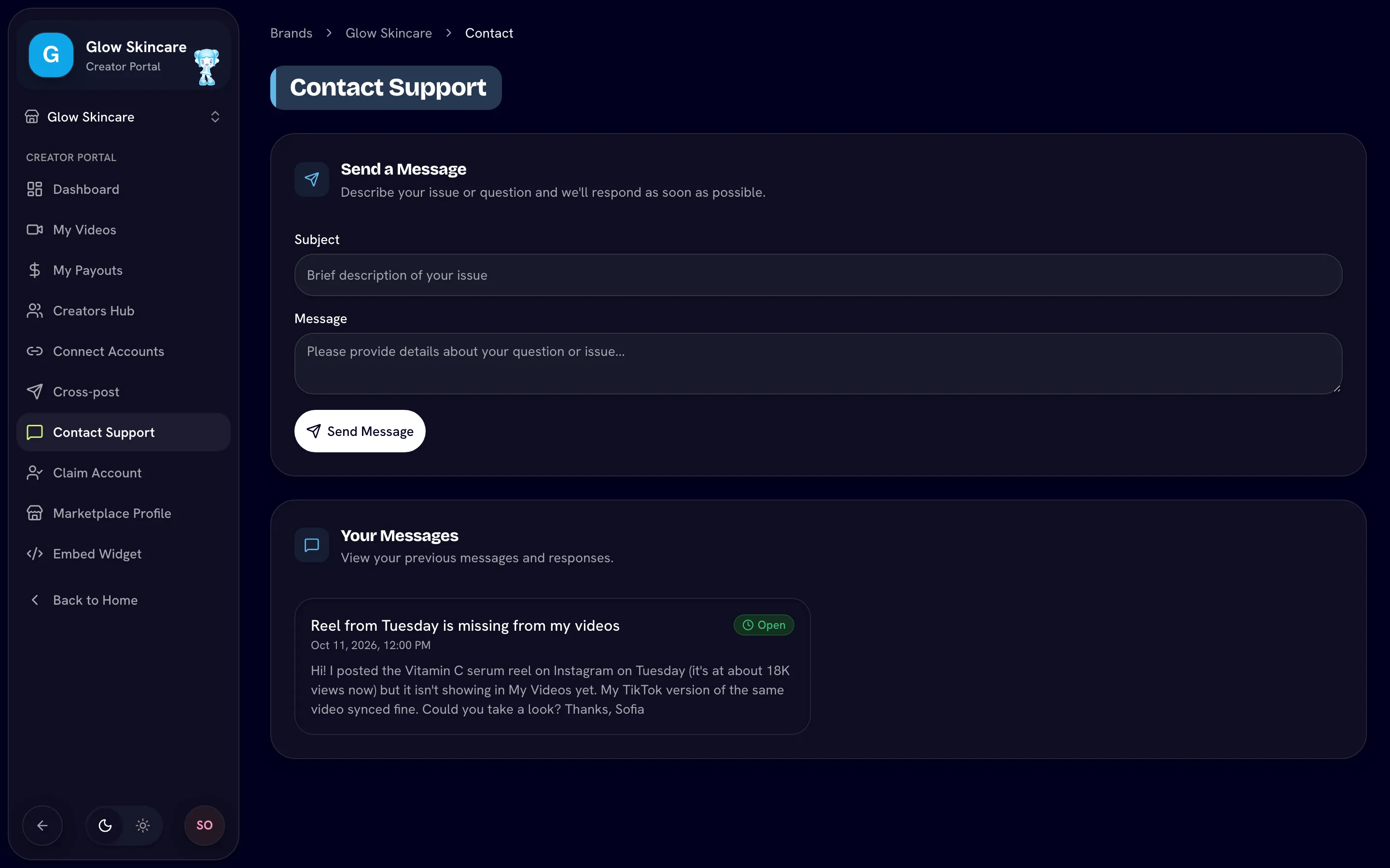 Send a Message form and Your Messages list with one Open ticket