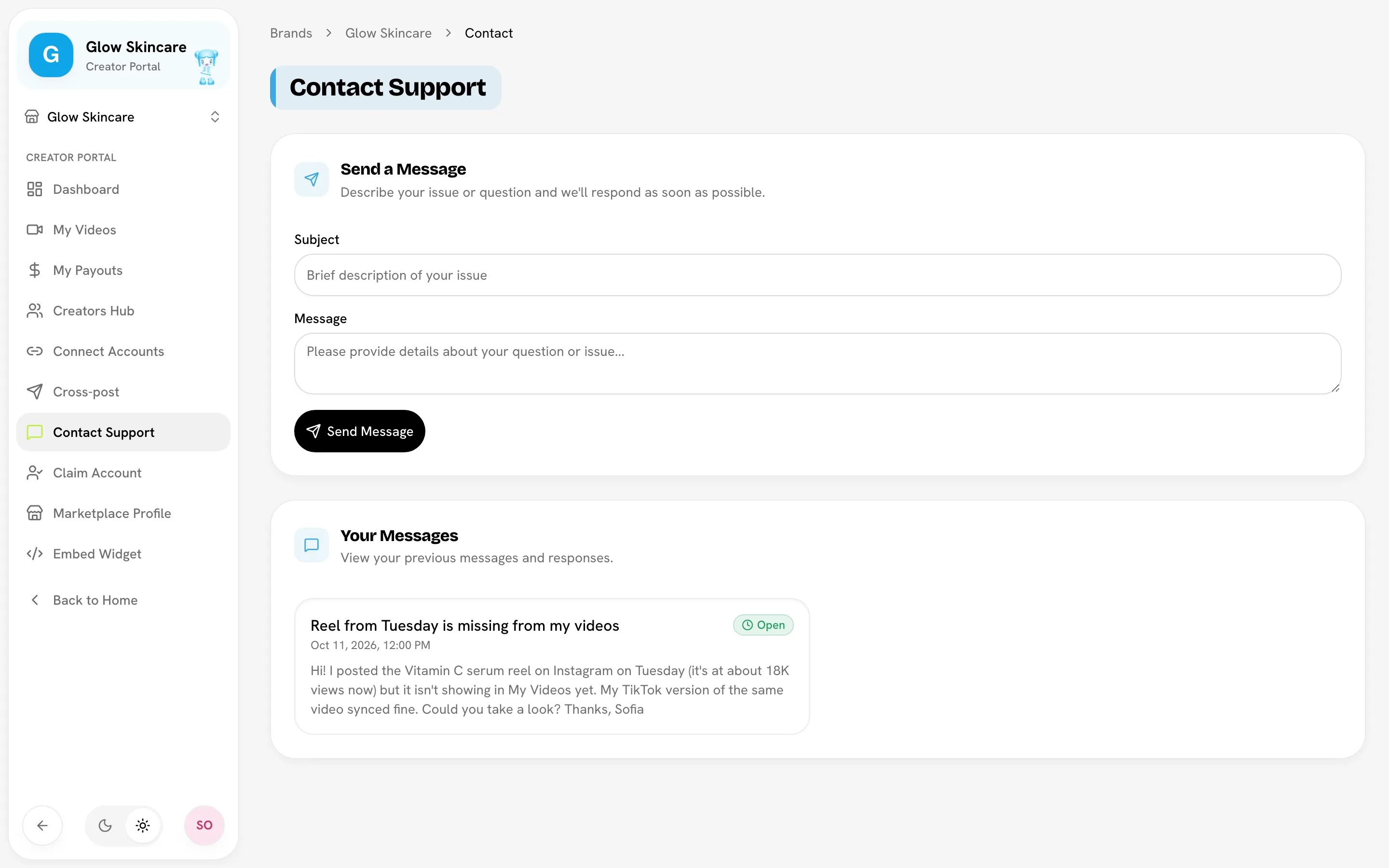 Send a Message form and Your Messages list with one Open ticket