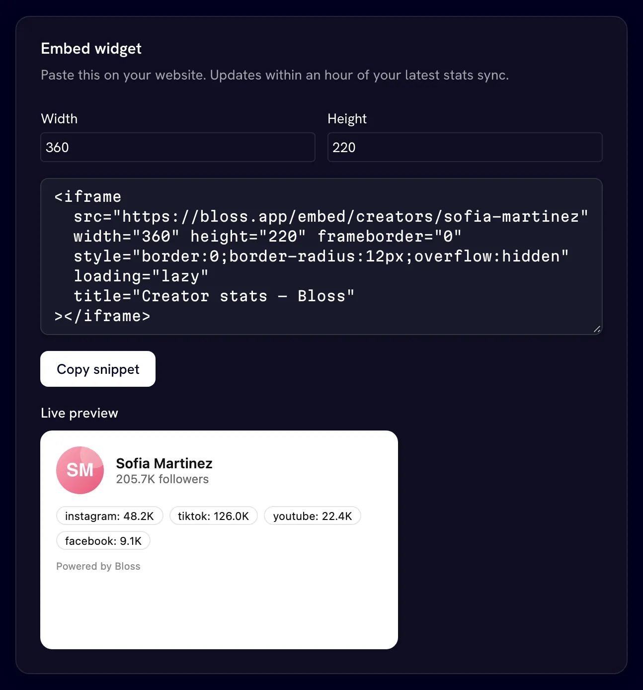 Embed widget card with width/height inputs and live preview