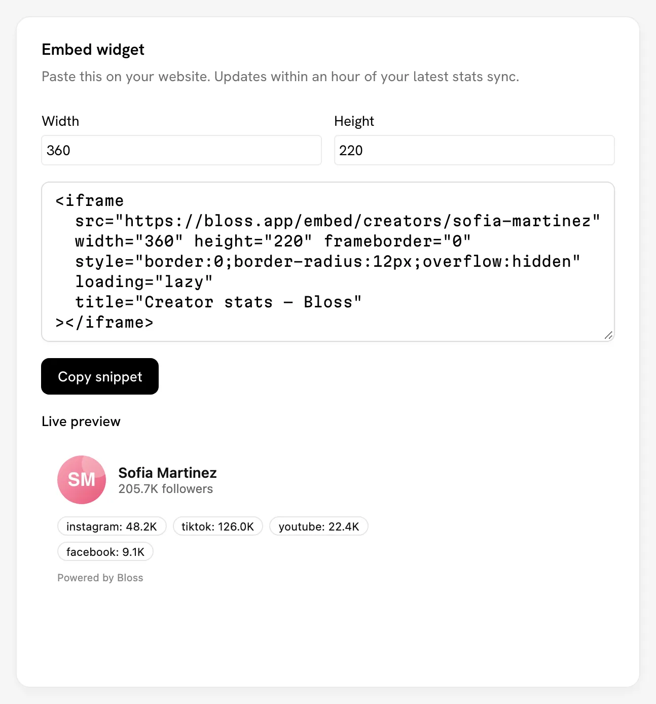 Embed widget card with width/height inputs and live preview