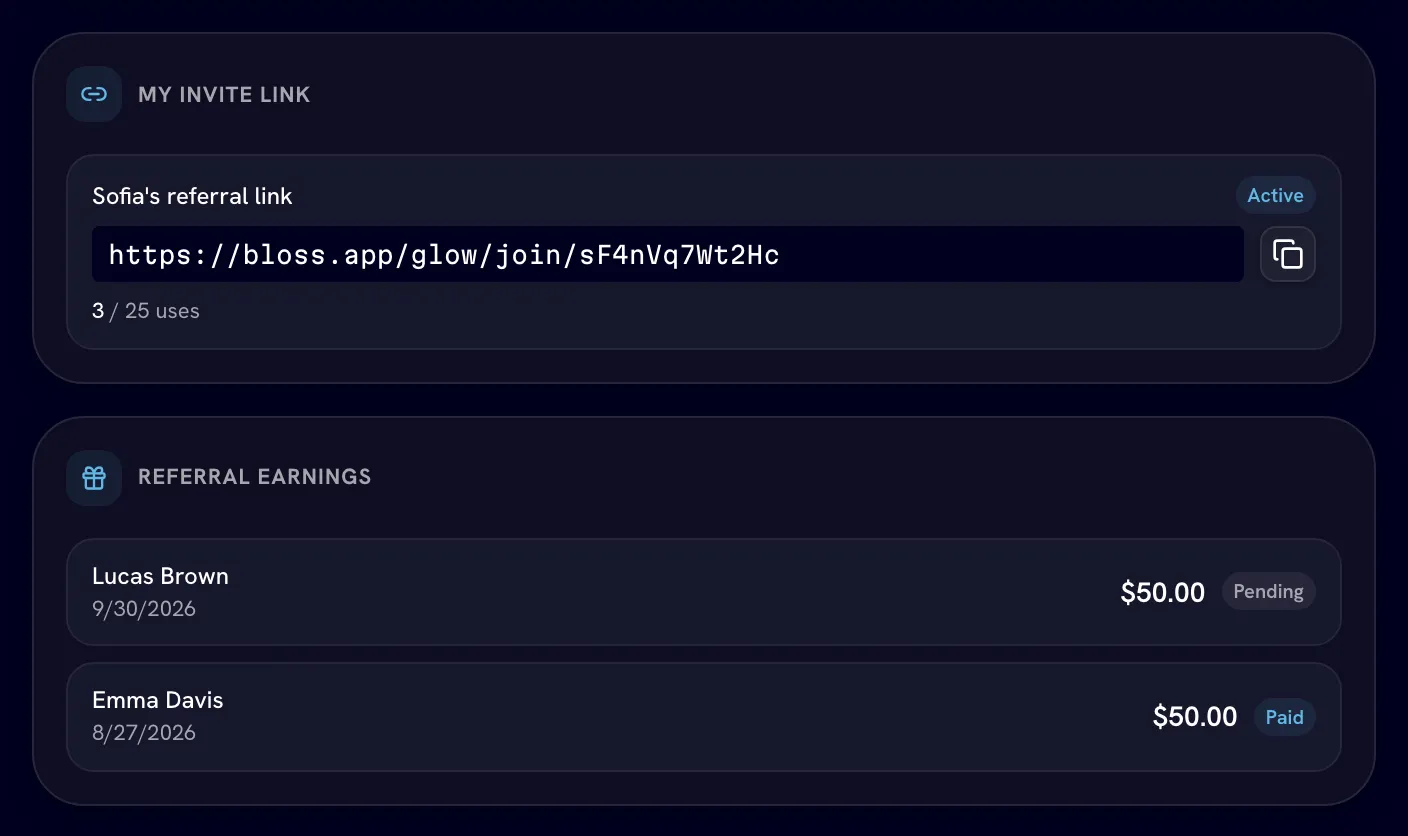 My Invite Link card with one Active link and the Referral Earnings card below