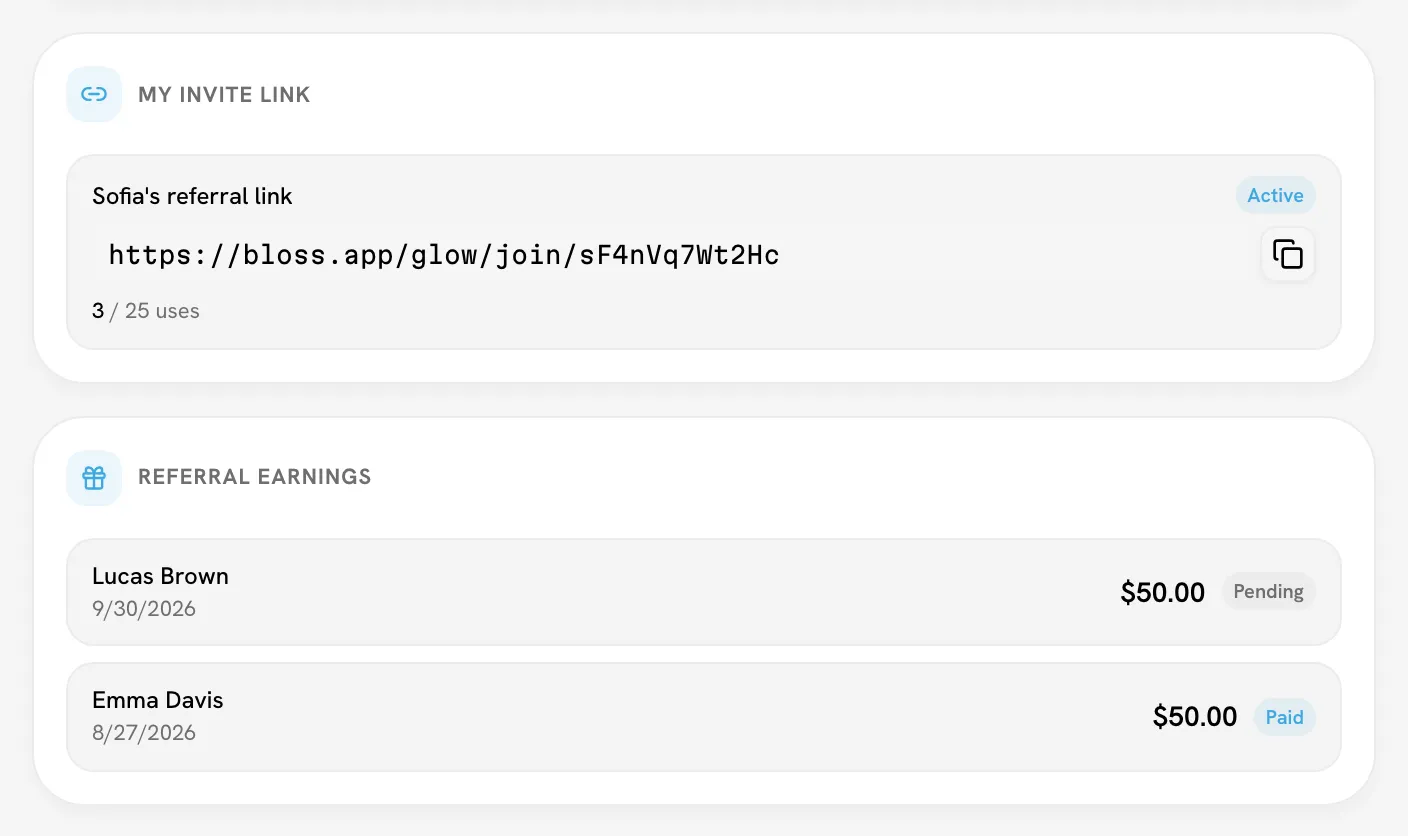 My Invite Link card with one Active link and the Referral Earnings card below