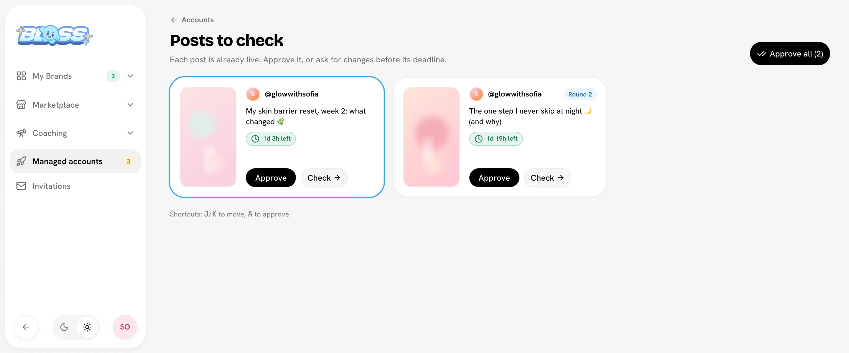 Posts to check: every live post waiting for your check, with its countdown, Approve and Check