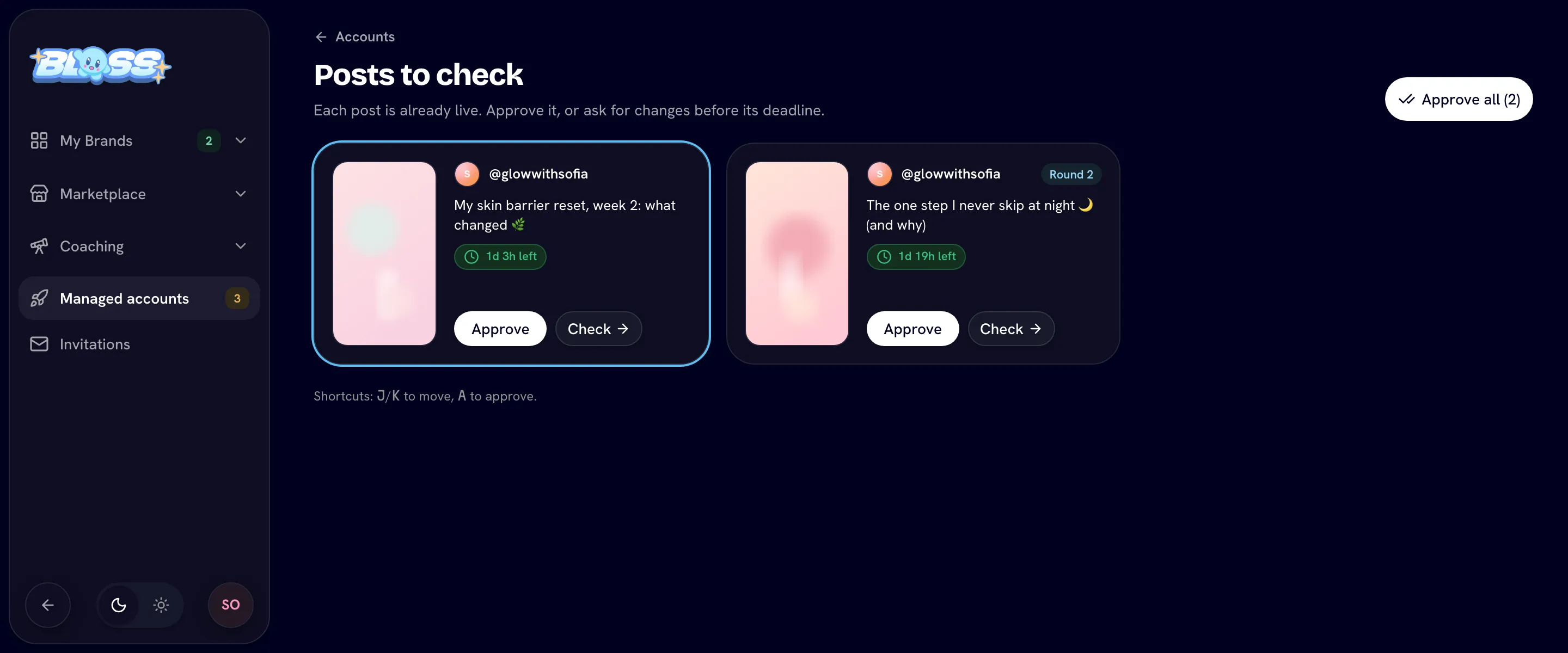 Posts to check: every live post waiting for your check, with its countdown, Approve and Check