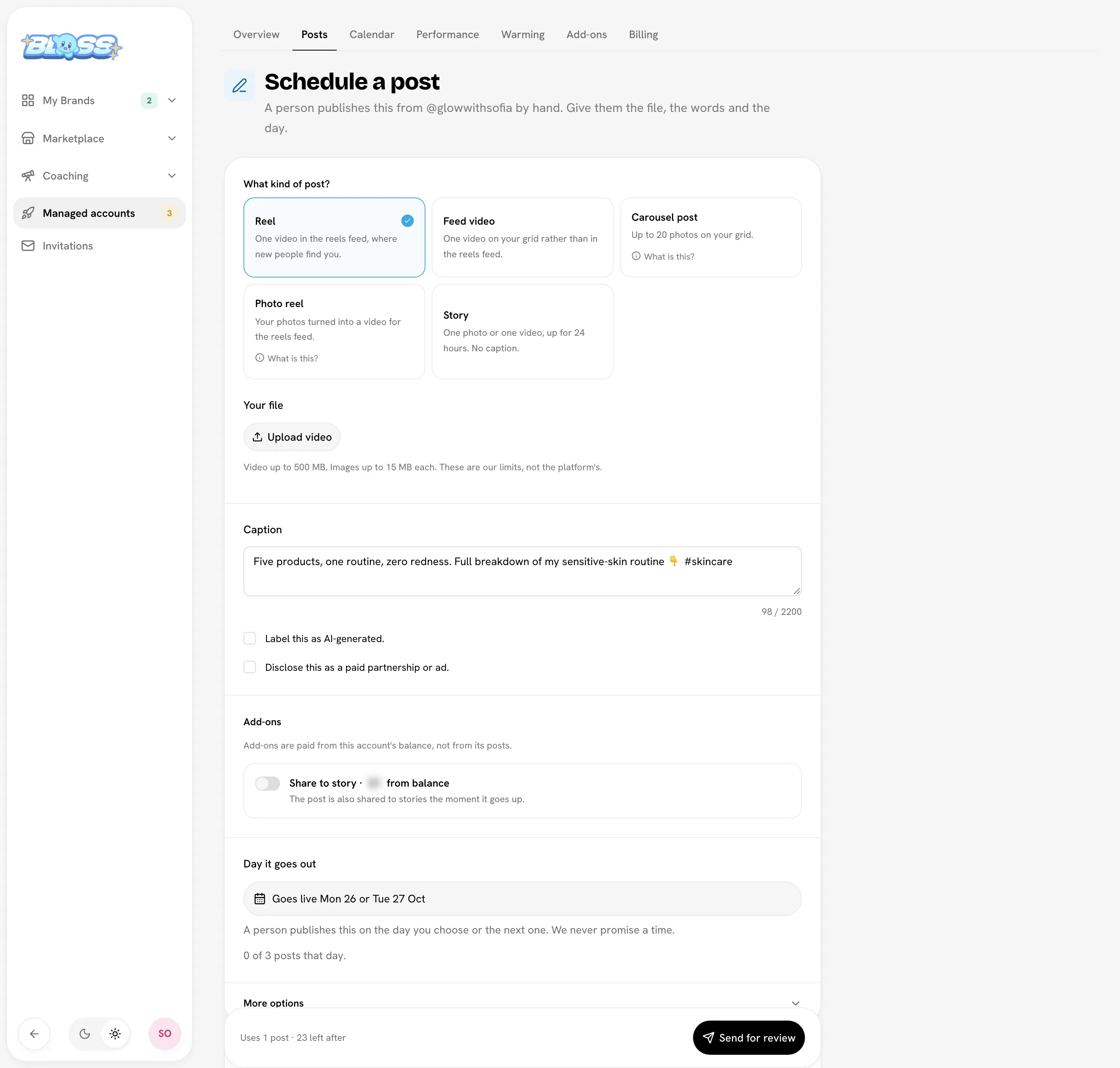 Schedule a post sheet with Reel chosen and a day picked