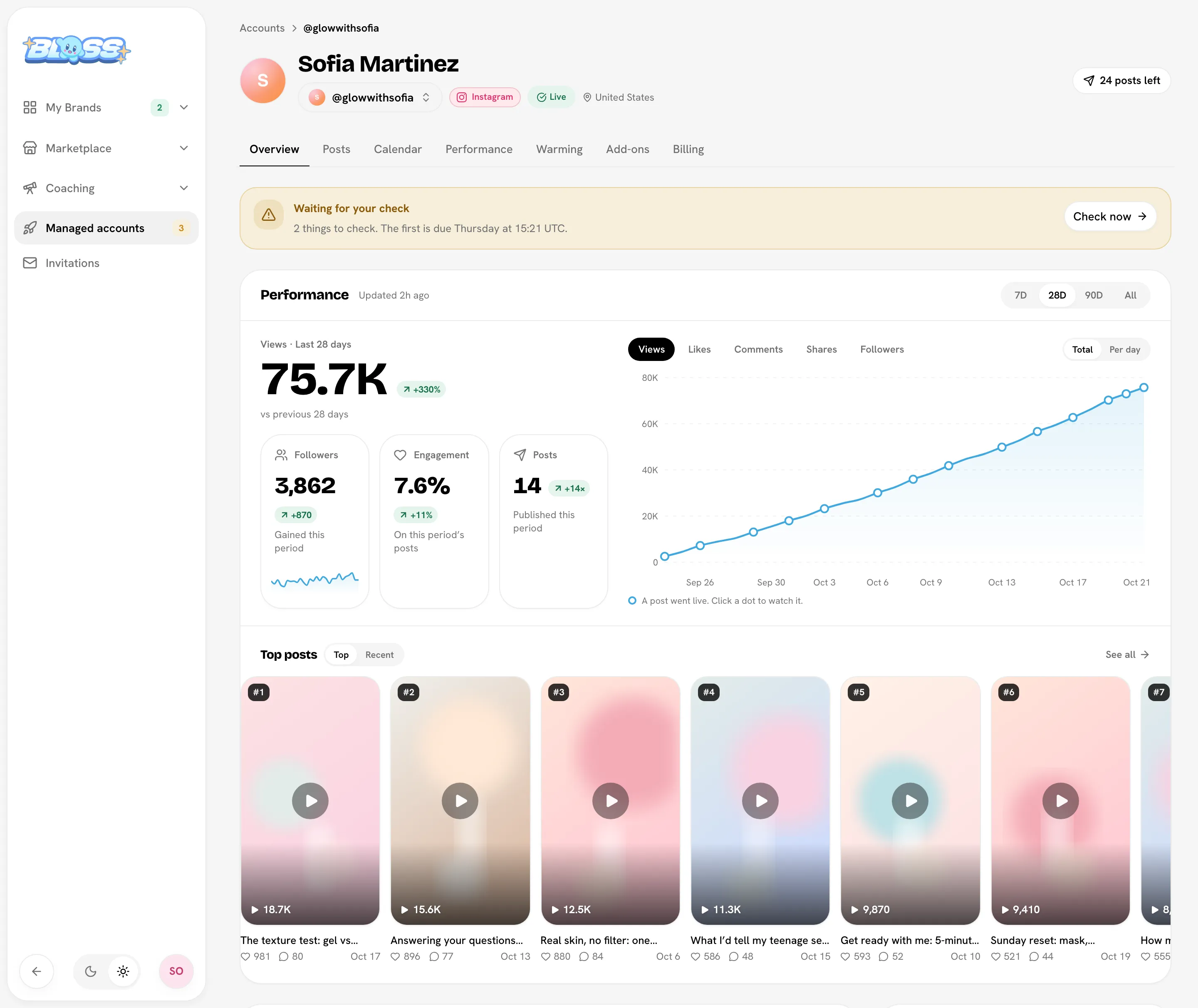 An account's Overview: views for the period with the change, followers, engagement, the trend line with post dots, and the top posts