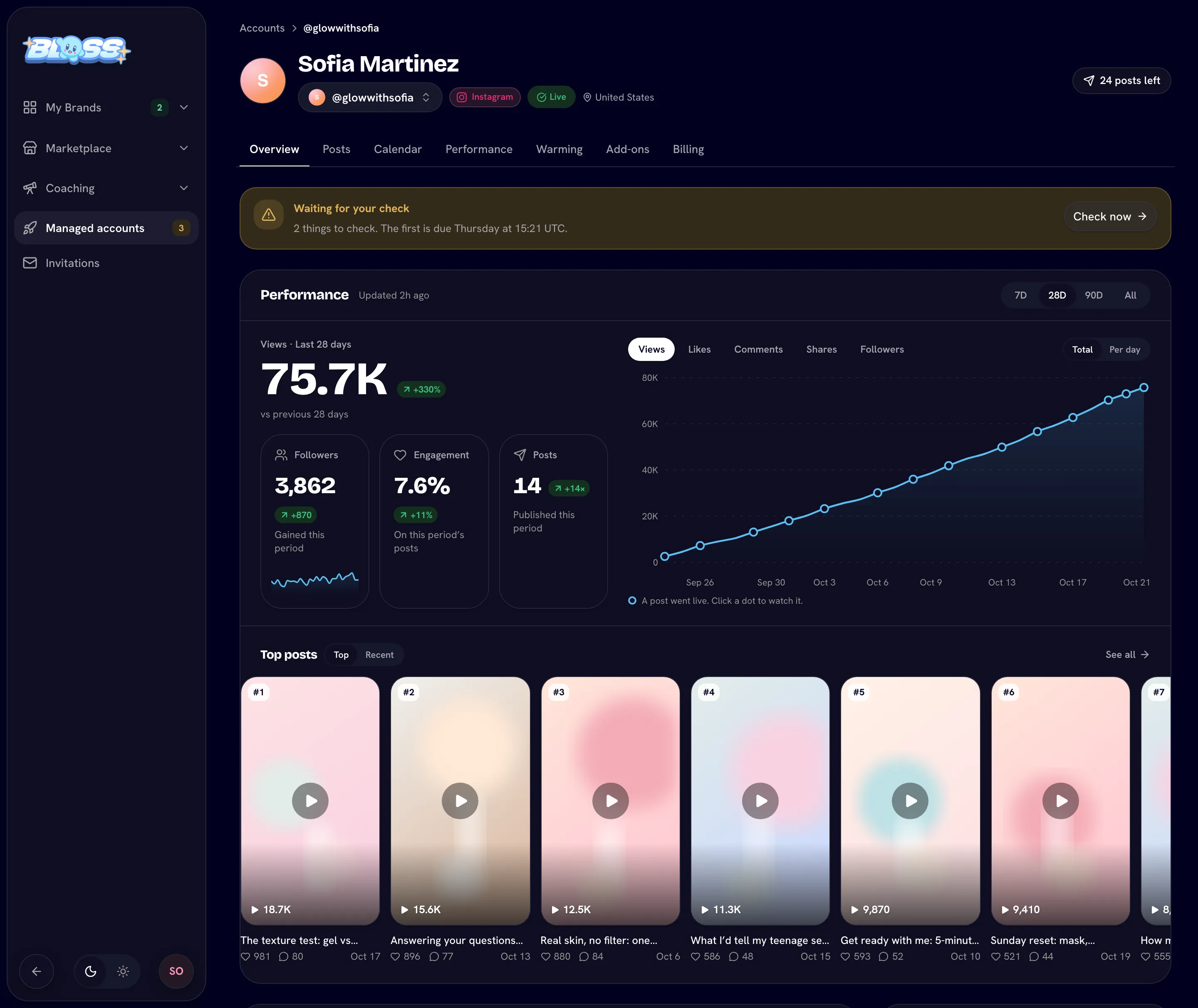 An account's Overview: views for the period with the change, followers, engagement, the trend line with post dots, and the top posts