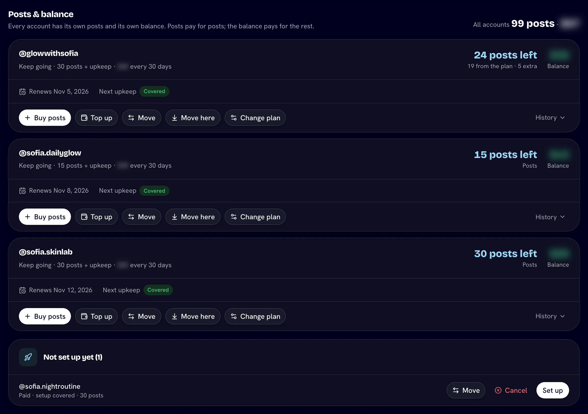 Plans, posts & balance row with Buy posts, Top up, Move, Move here and Change plan buttons