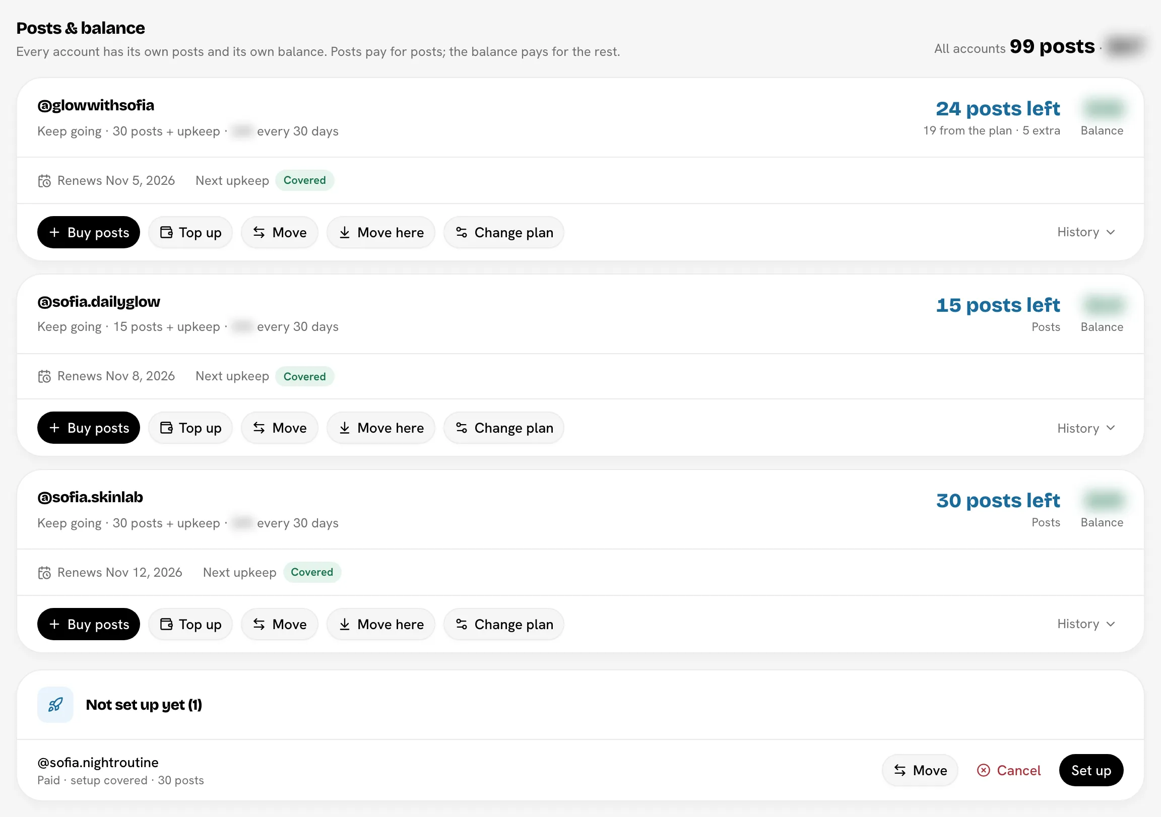 Plans, posts & balance row with Buy posts, Top up, Move, Move here and Change plan buttons