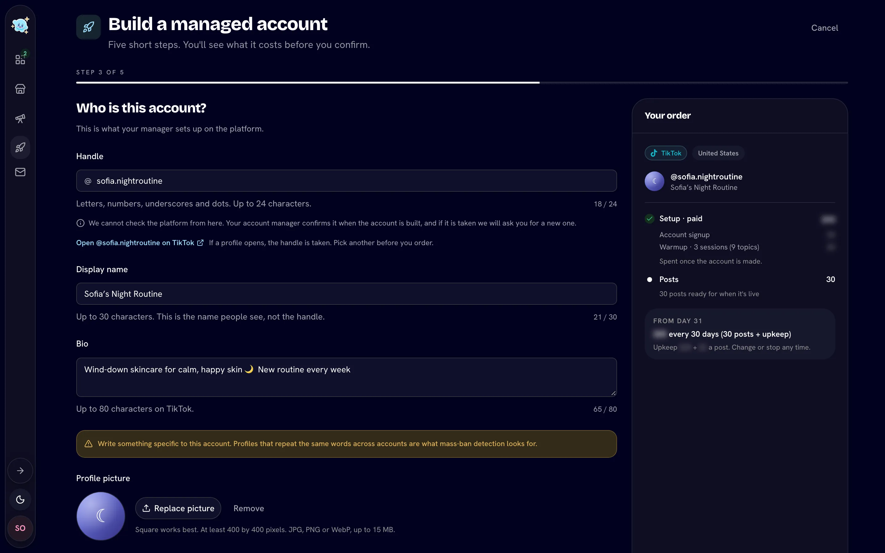 Identity step with handle, display name, bio and picture filled in