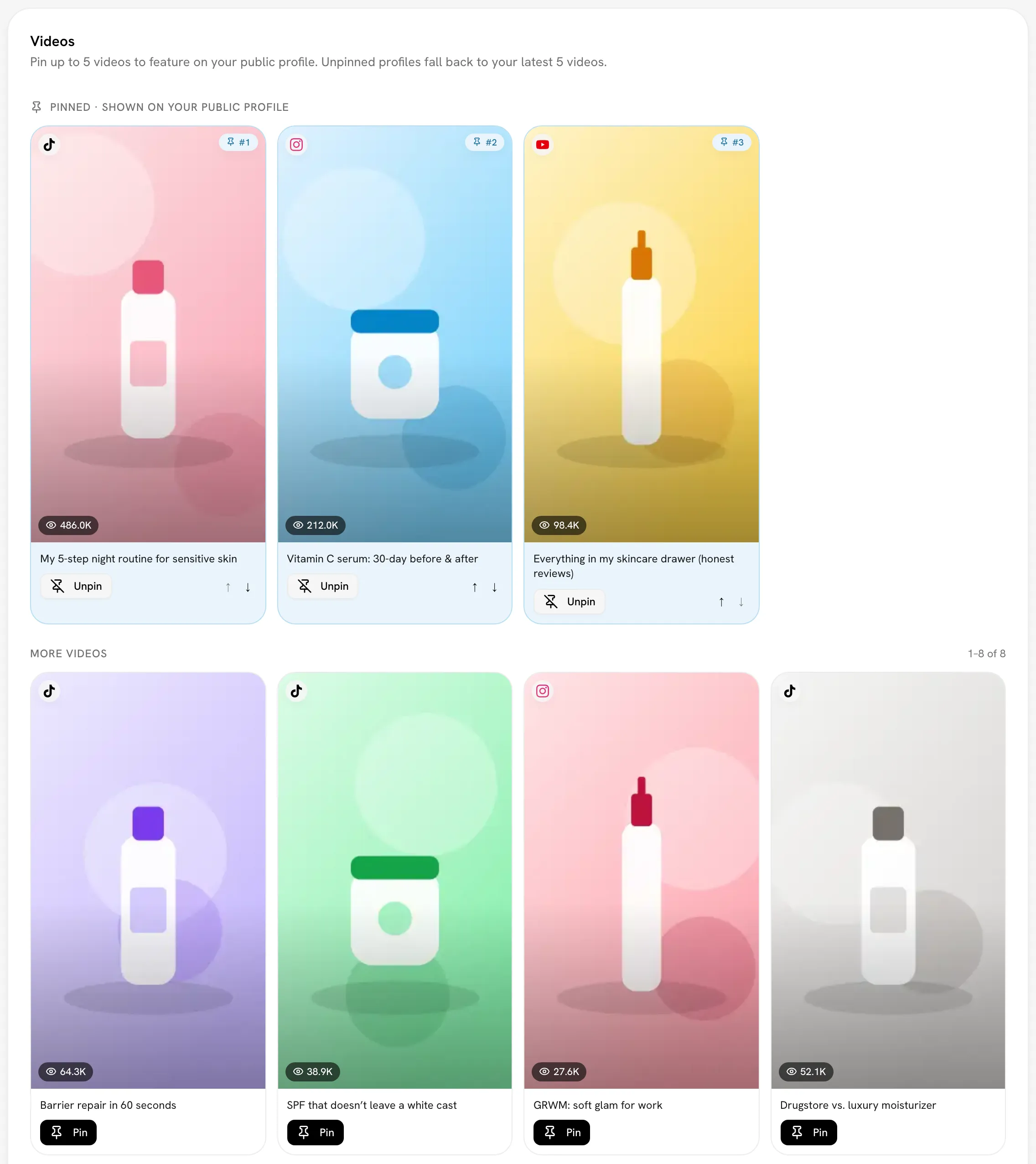 Videos card with three pinned videos and More videos below