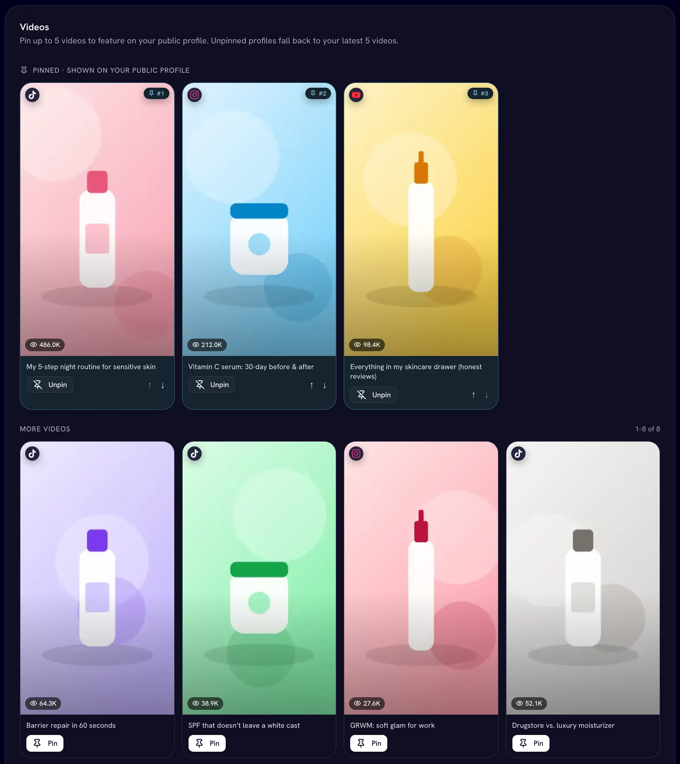 Videos card with three pinned videos and More videos below