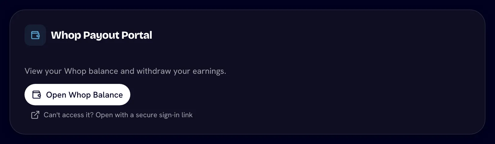 Whop Payout Portal card with Open Whop Balance button