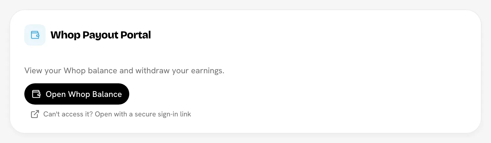 Whop Payout Portal card with Open Whop Balance button