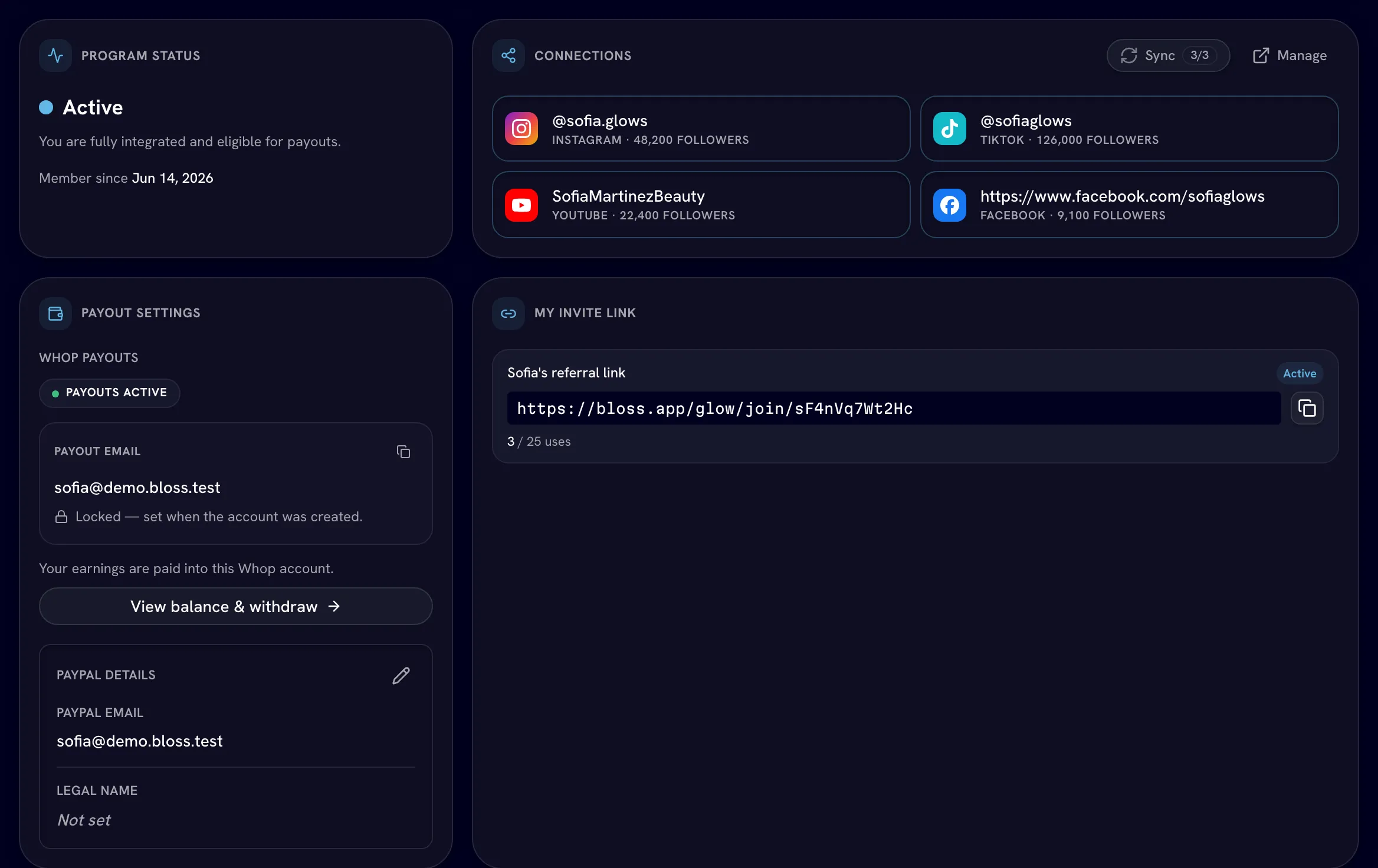 Portal home with Program Status, Connections and Payout Settings cards
