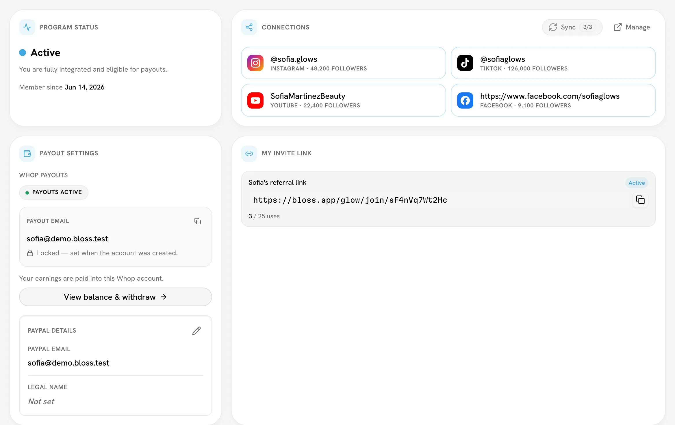 Portal home with Program Status, Connections and Payout Settings cards