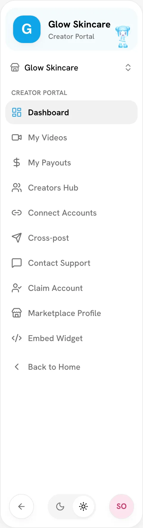 Creator portal sidebar with brand logo and all items visible