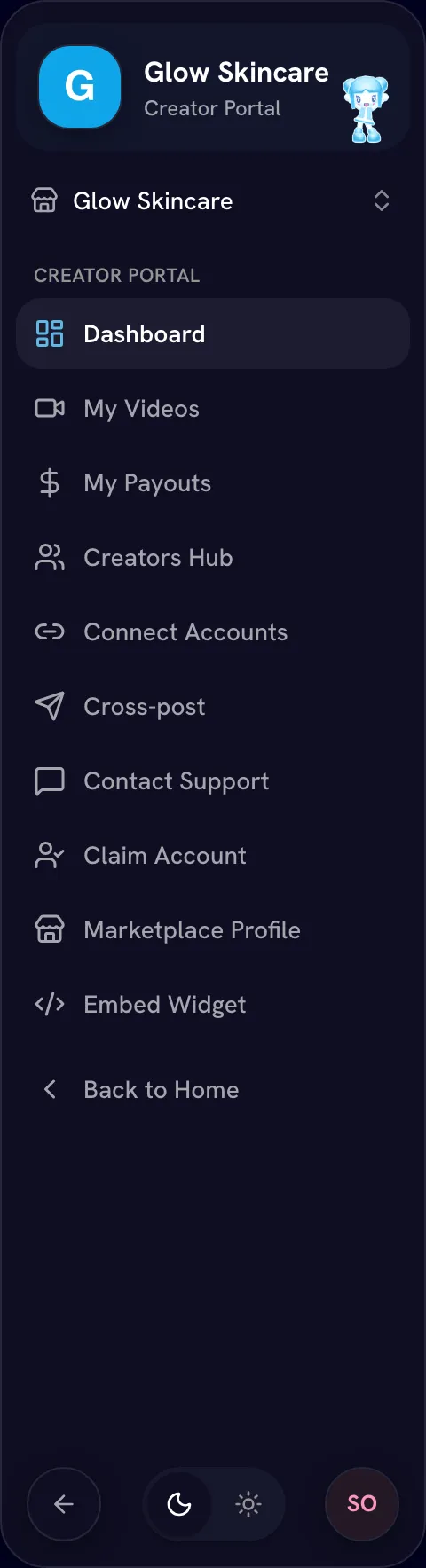 Creator portal sidebar with brand logo and all items visible