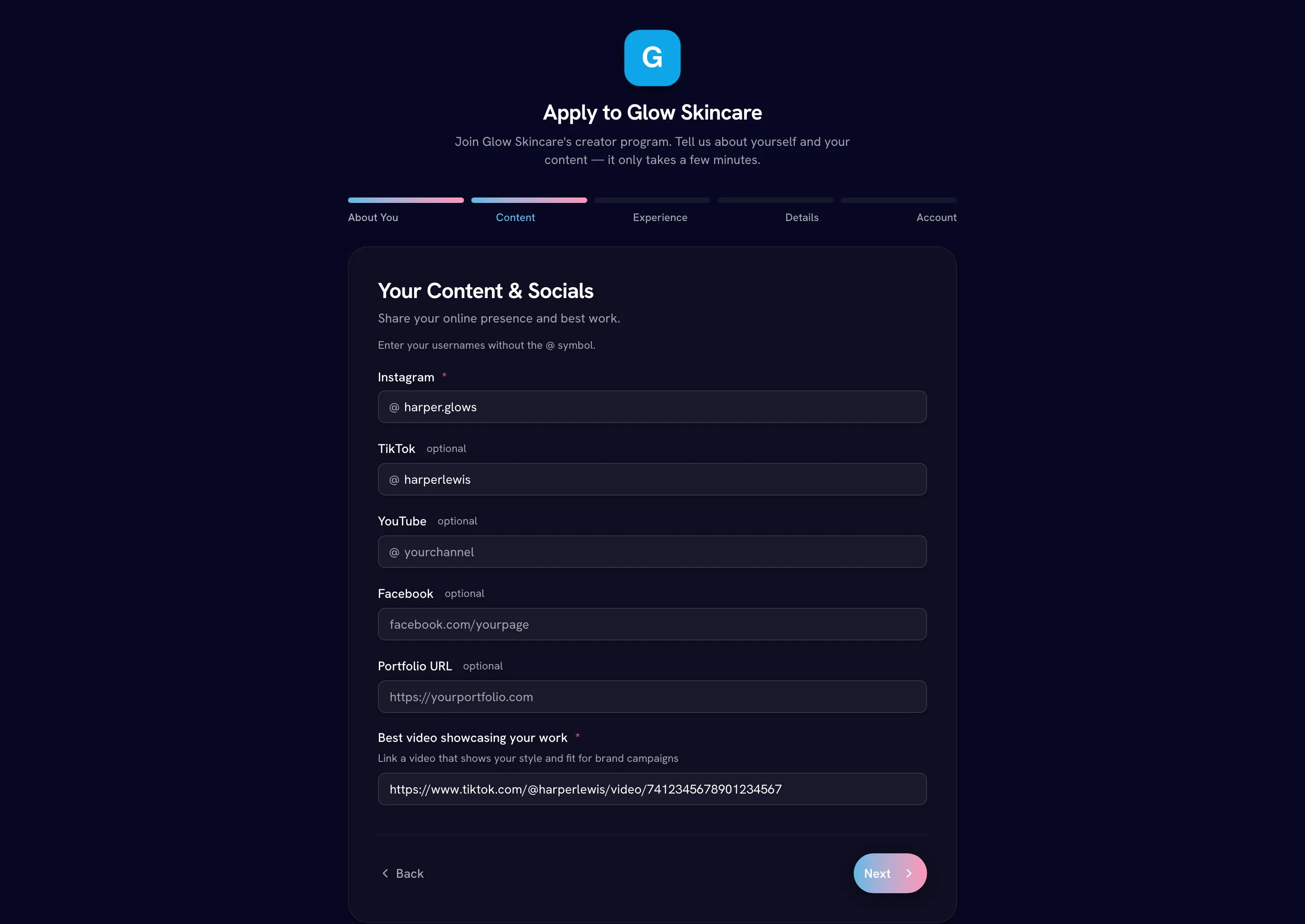 Application form on the "Your Content & Socials" step