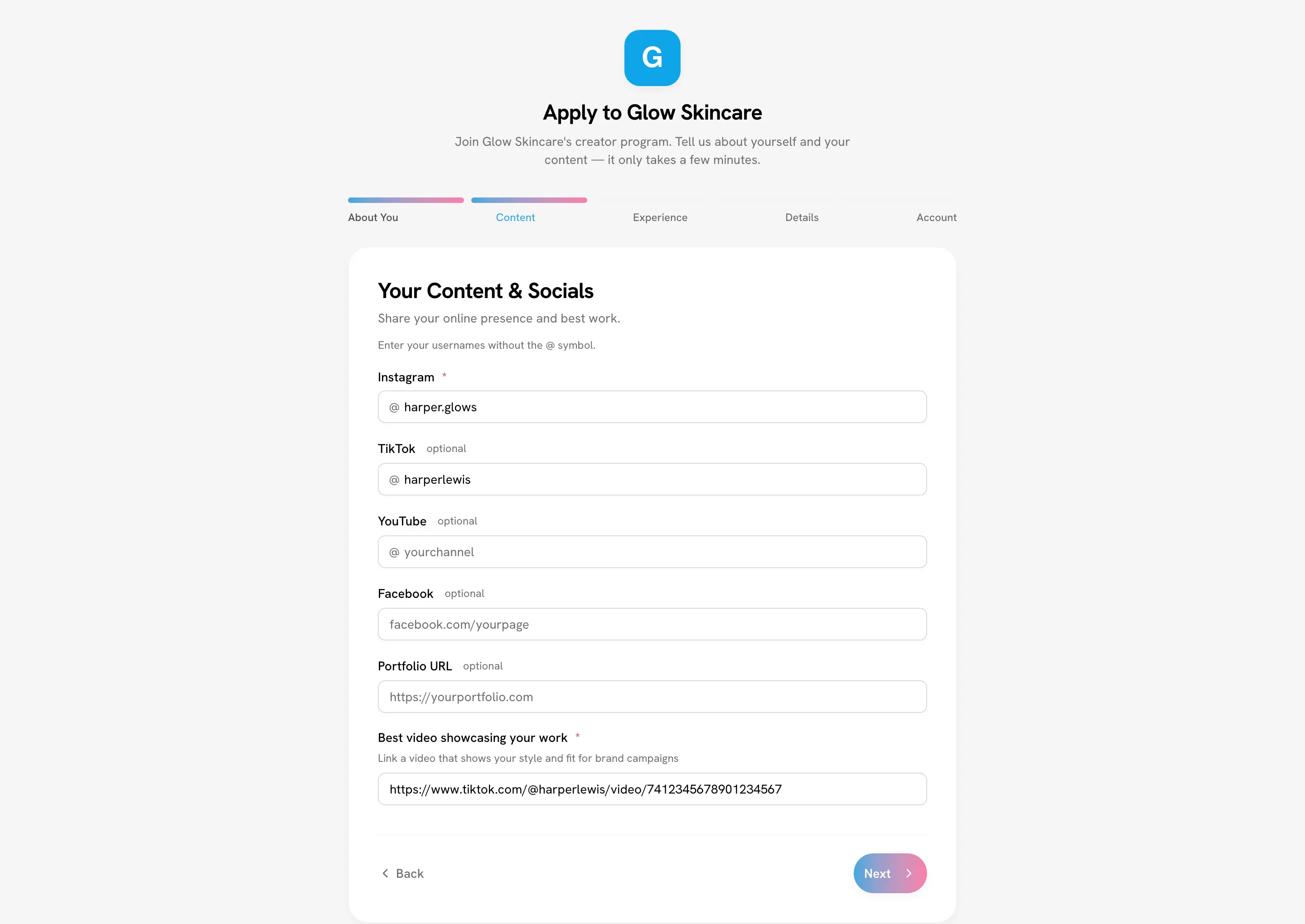 Application form on the "Your Content & Socials" step