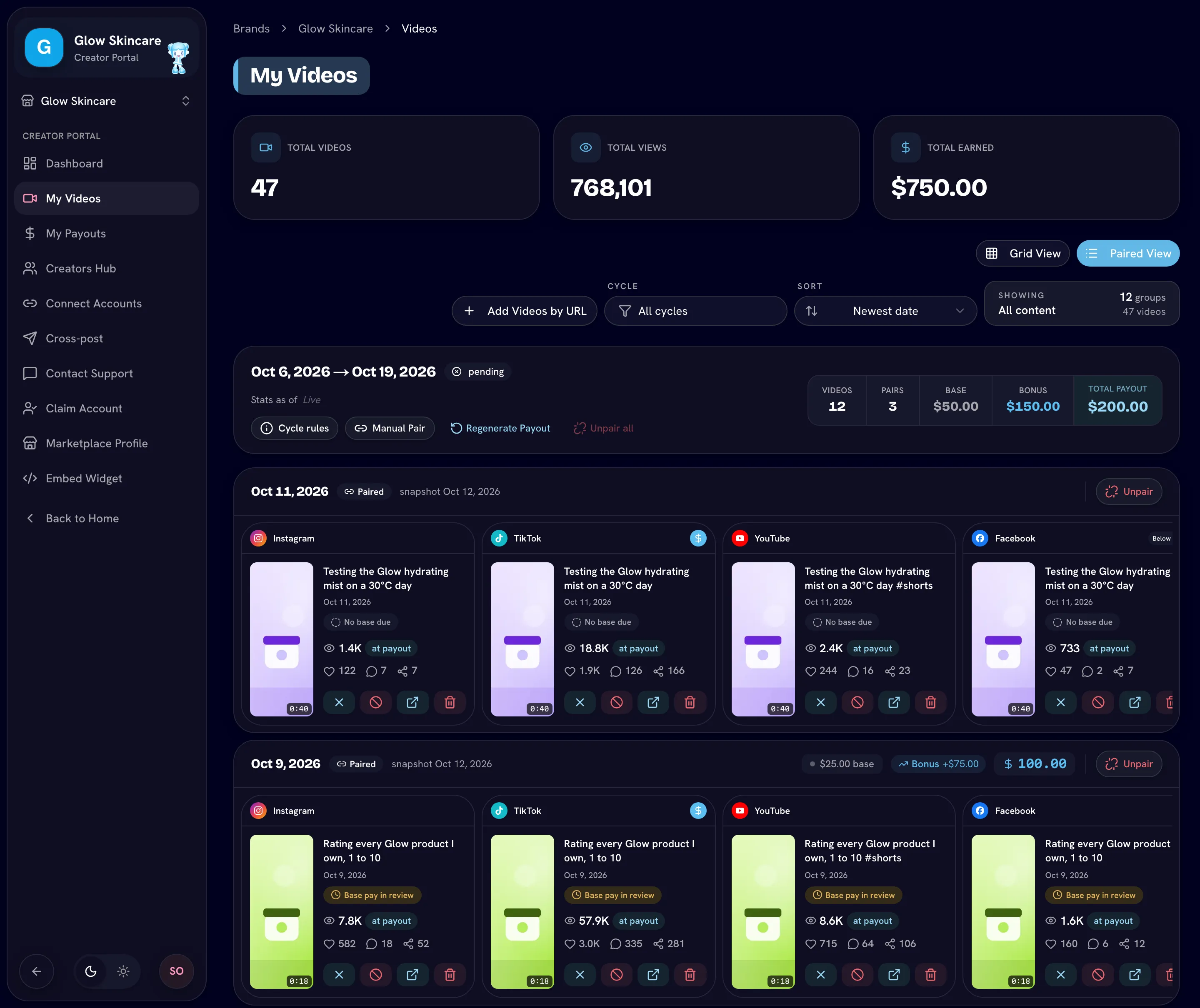 Paired View with one cycle header and two sets