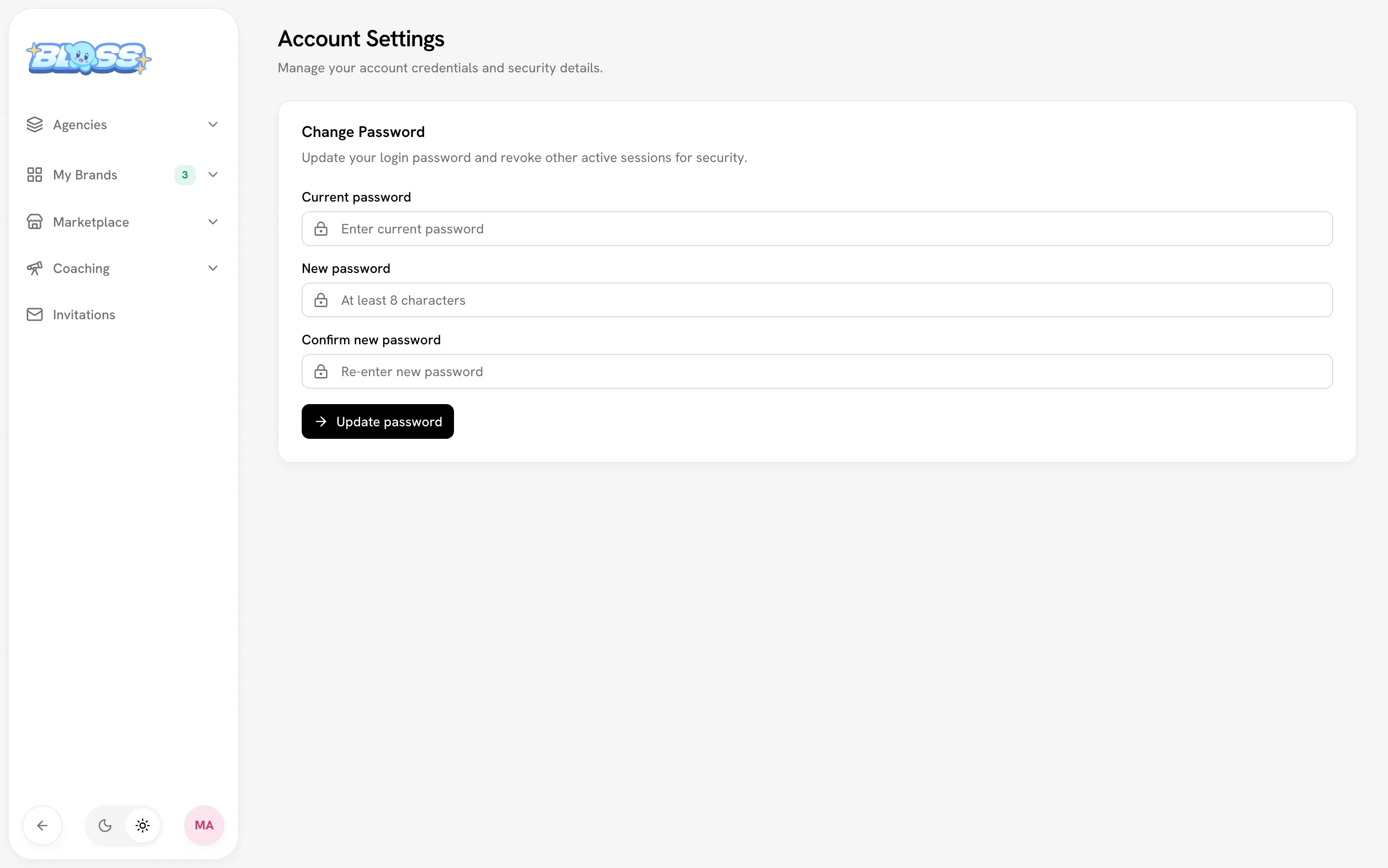 Account Settings page with the Change Password card