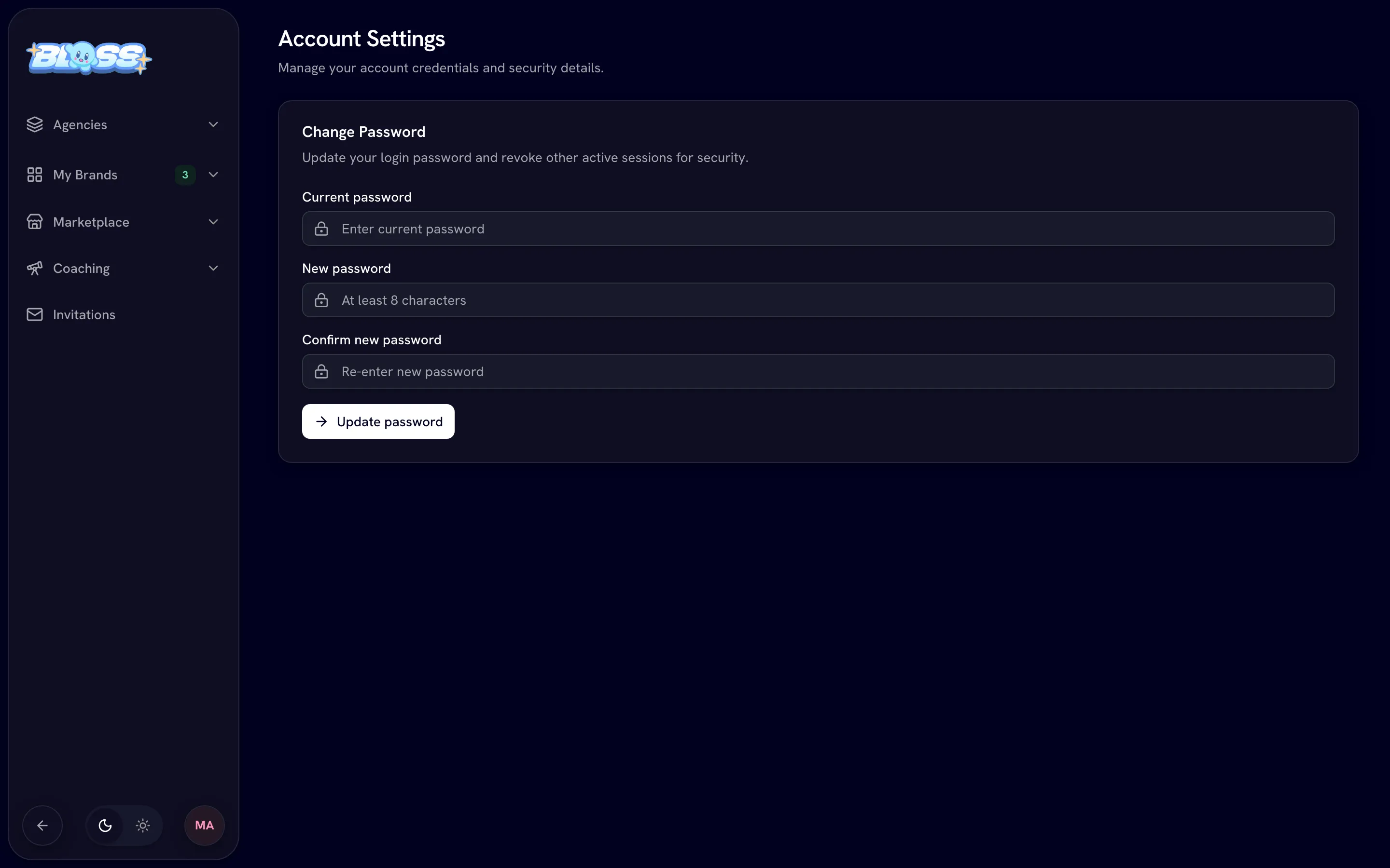 Account Settings page with the Change Password card