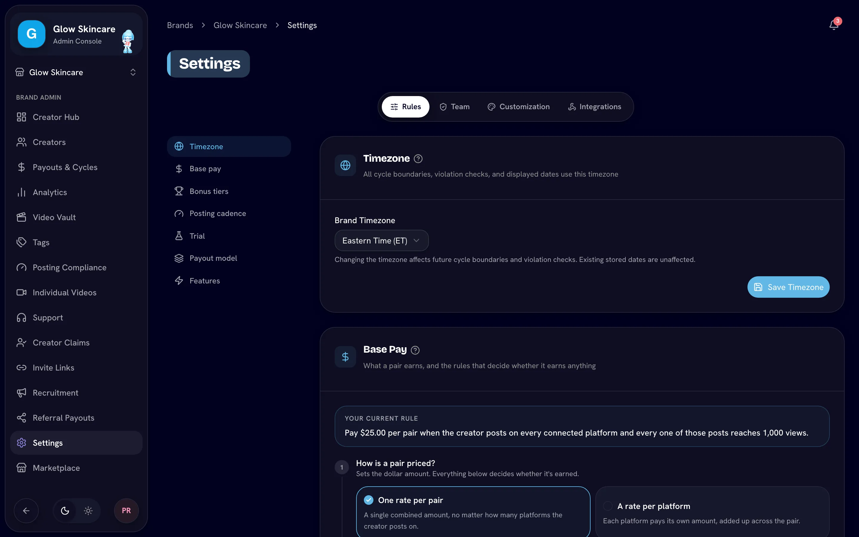 Rules tab showing the Timezone and Base Pay cards