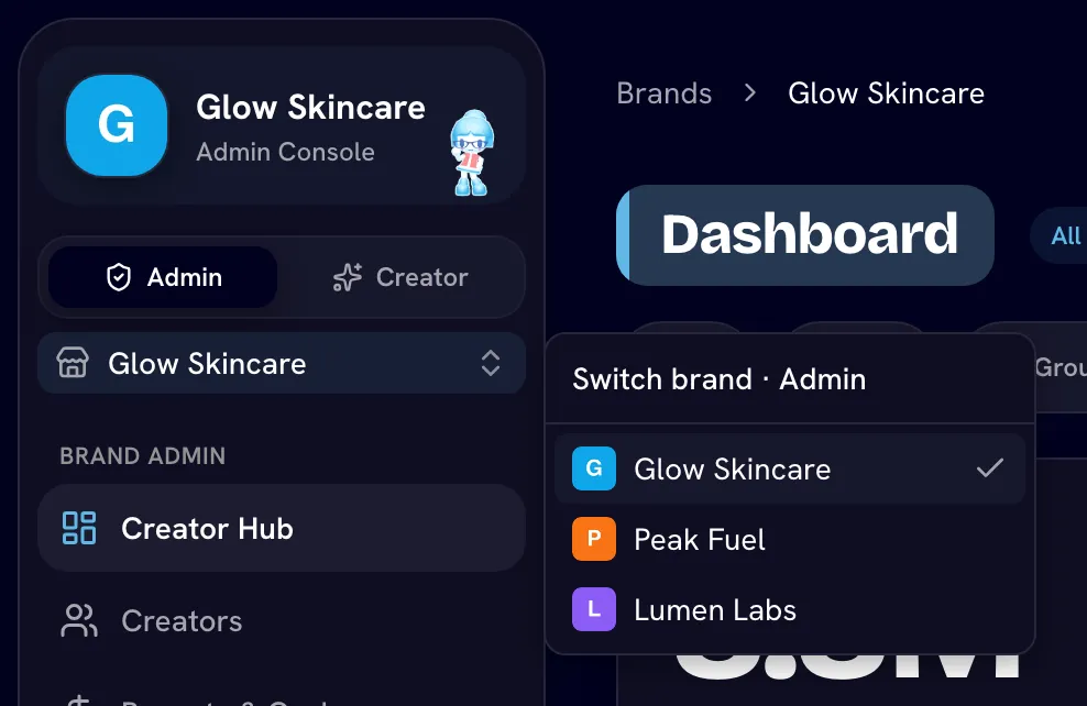 Brand sidebar header with the Admin/Creator switch and the brand switcher open