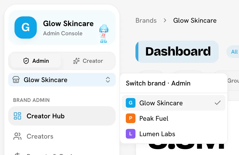 Brand sidebar header with the Admin/Creator switch and the brand switcher open