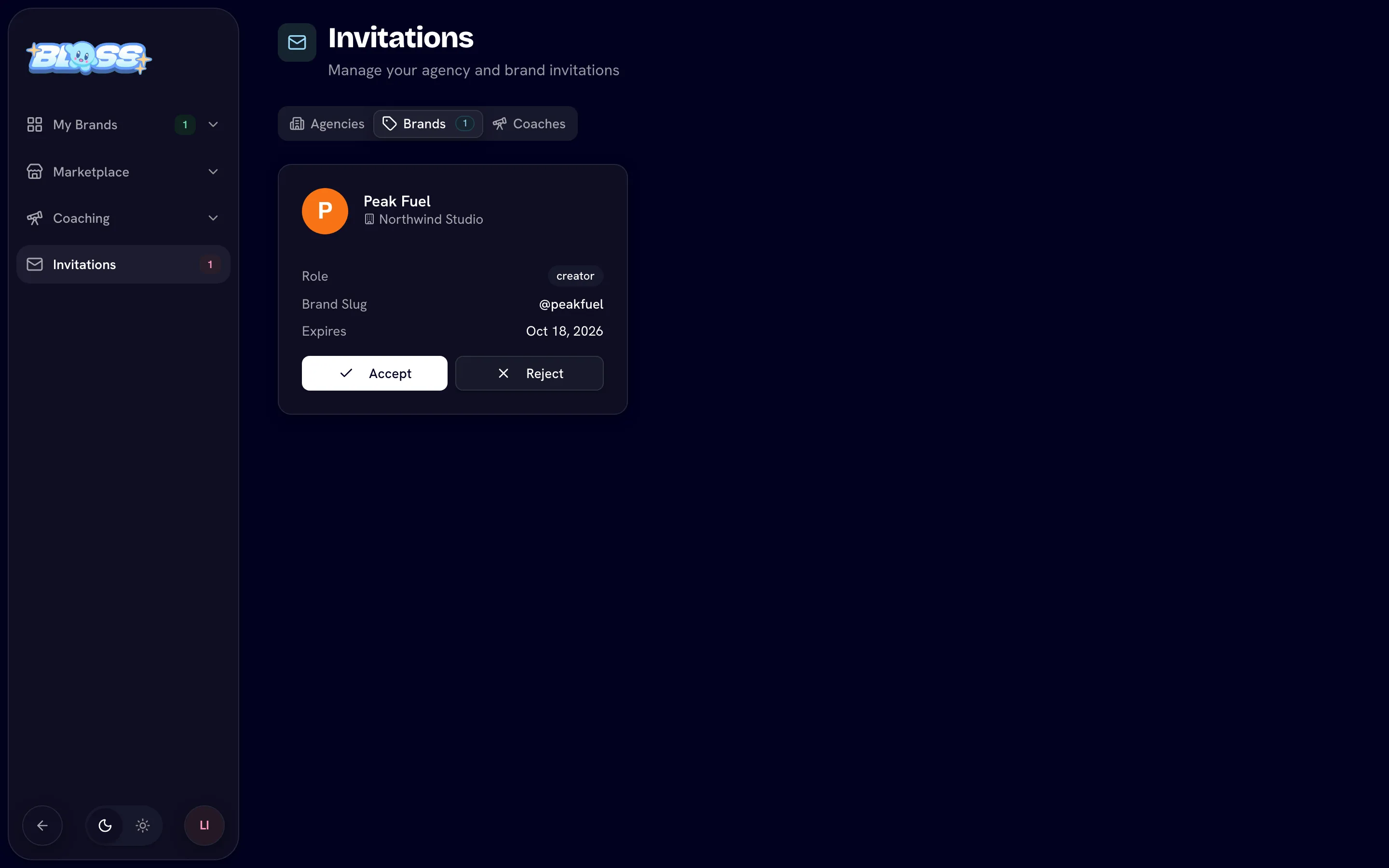 Invitations page with the Brands tab open and one pending invitation