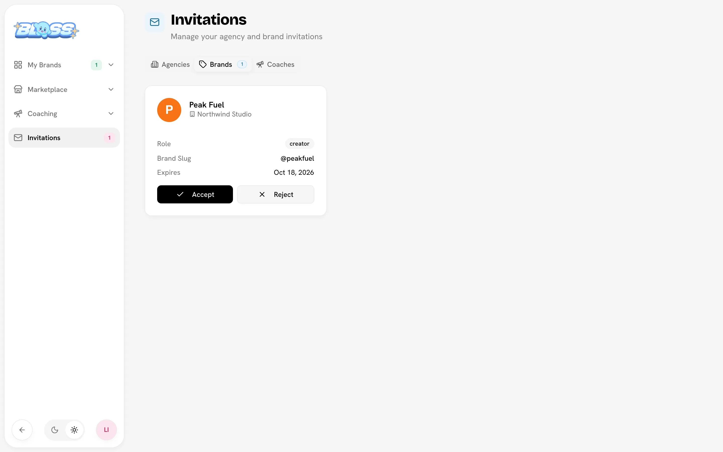 Invitations page with the Brands tab open and one pending invitation